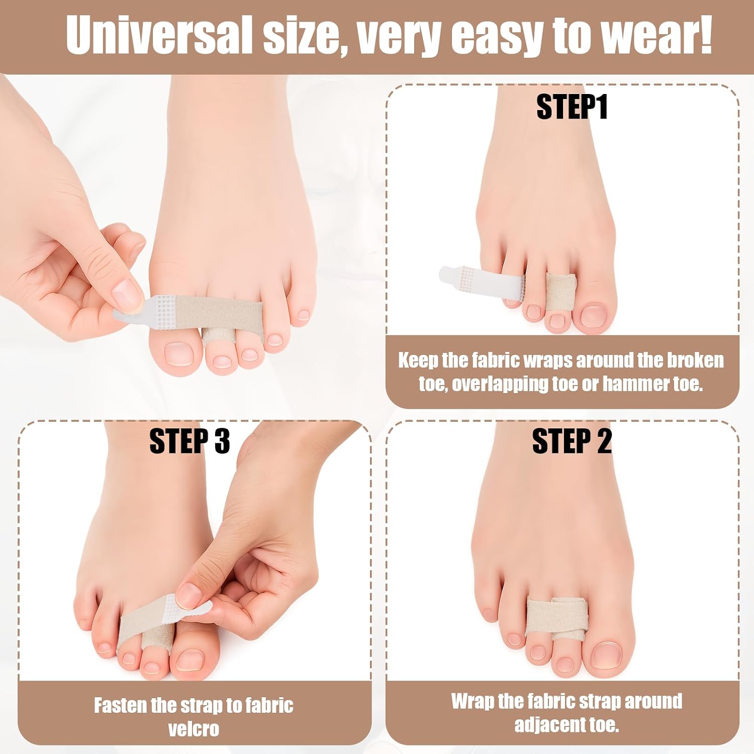 JFHNMLW 10 Pcs Buddy Tape Finger Straps, Hook and Loop Splint for Finger Buddy Straps, Index Finger Splint Buddy Tape Reusable and Washable Toe Straighteners for Curled Toes to Support (Large, Beige)