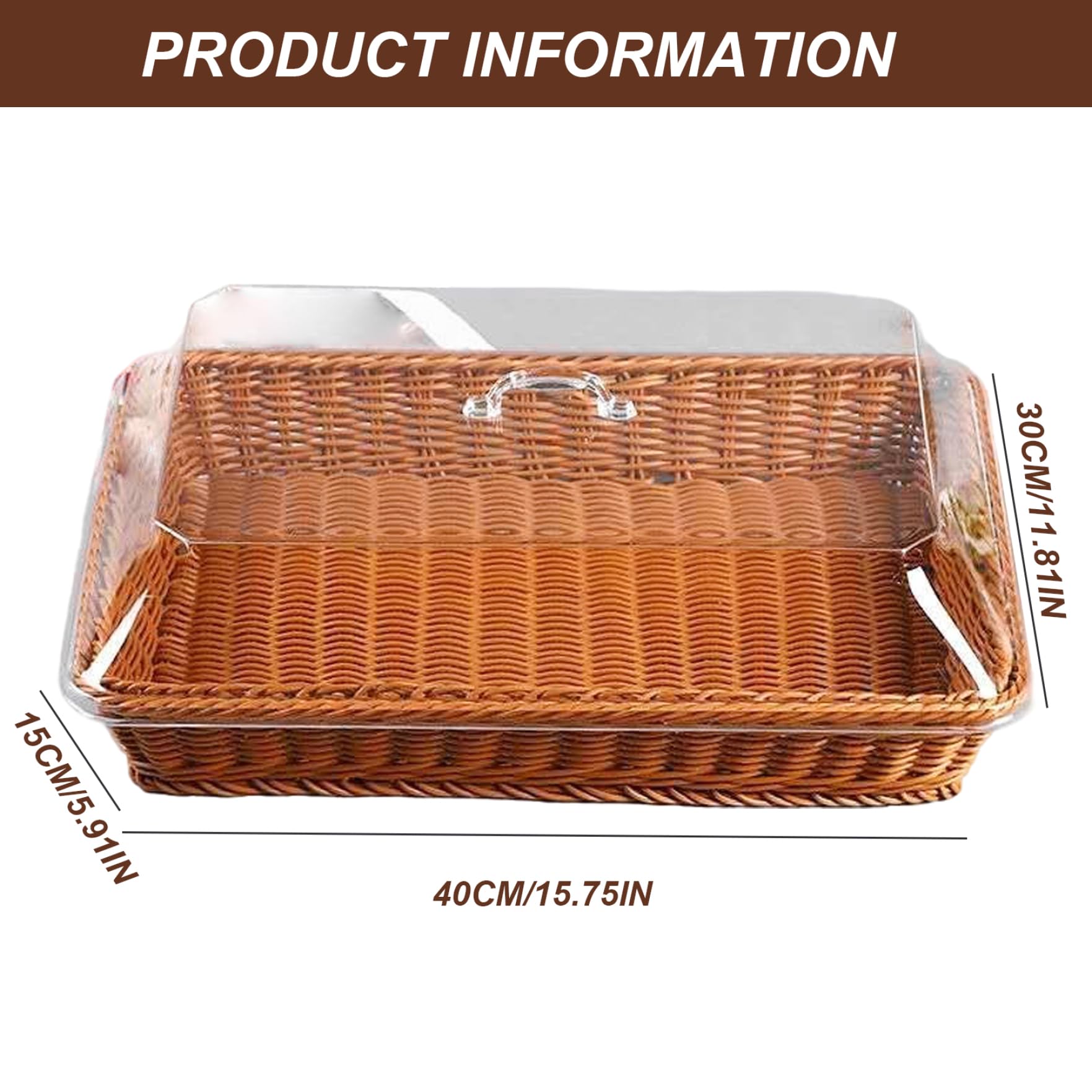 16x12x6 Inch Bread Basket with Lid & Handle, Woven Dustproof Storage for Home, Shop, Picnic, Dark Brown