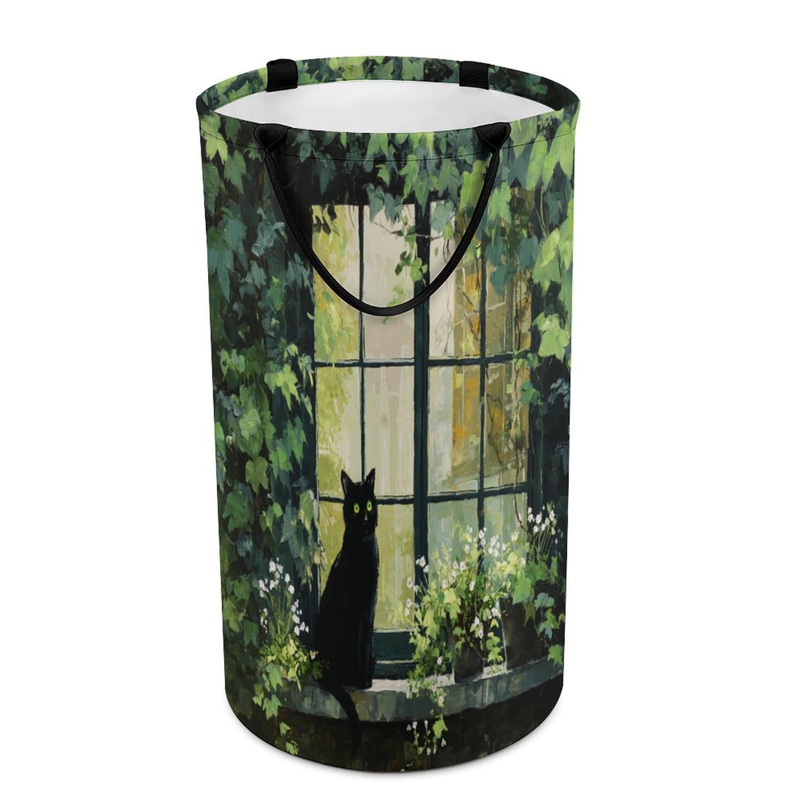 LUYYSKY Beautiful Rustic Black Cat Versatile Storage Laundry Basket, Retro Oil Painting Botanical Cottage Animal Kitten Flowers Large Capacity Bathroom Hamper With Handle