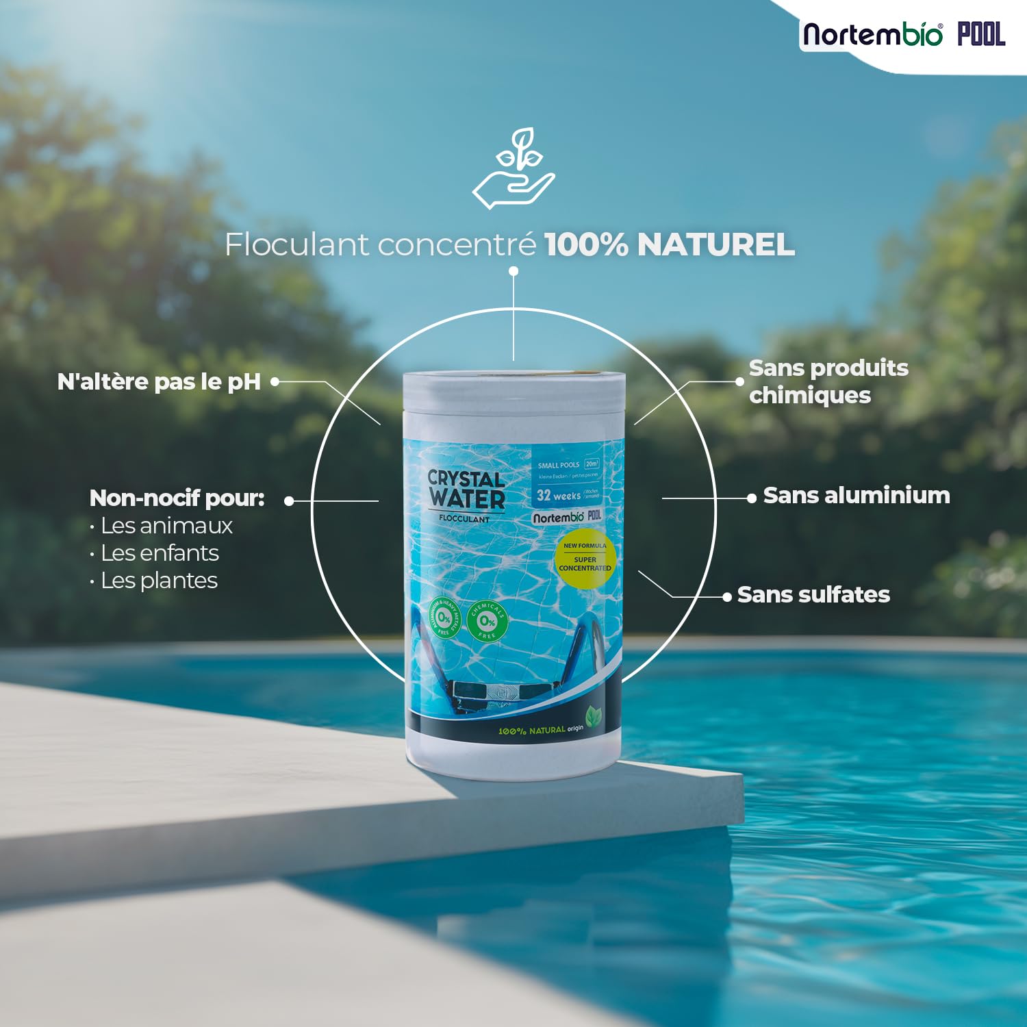 Nortembio Floculant Naturel pour Petites Piscines Clarificateur Piscine Professionnel pour Eau Trouble Traitement pour Eau Claire et Cristalline + eBook Offert avec Conseils d’Experts (32 Semaines)