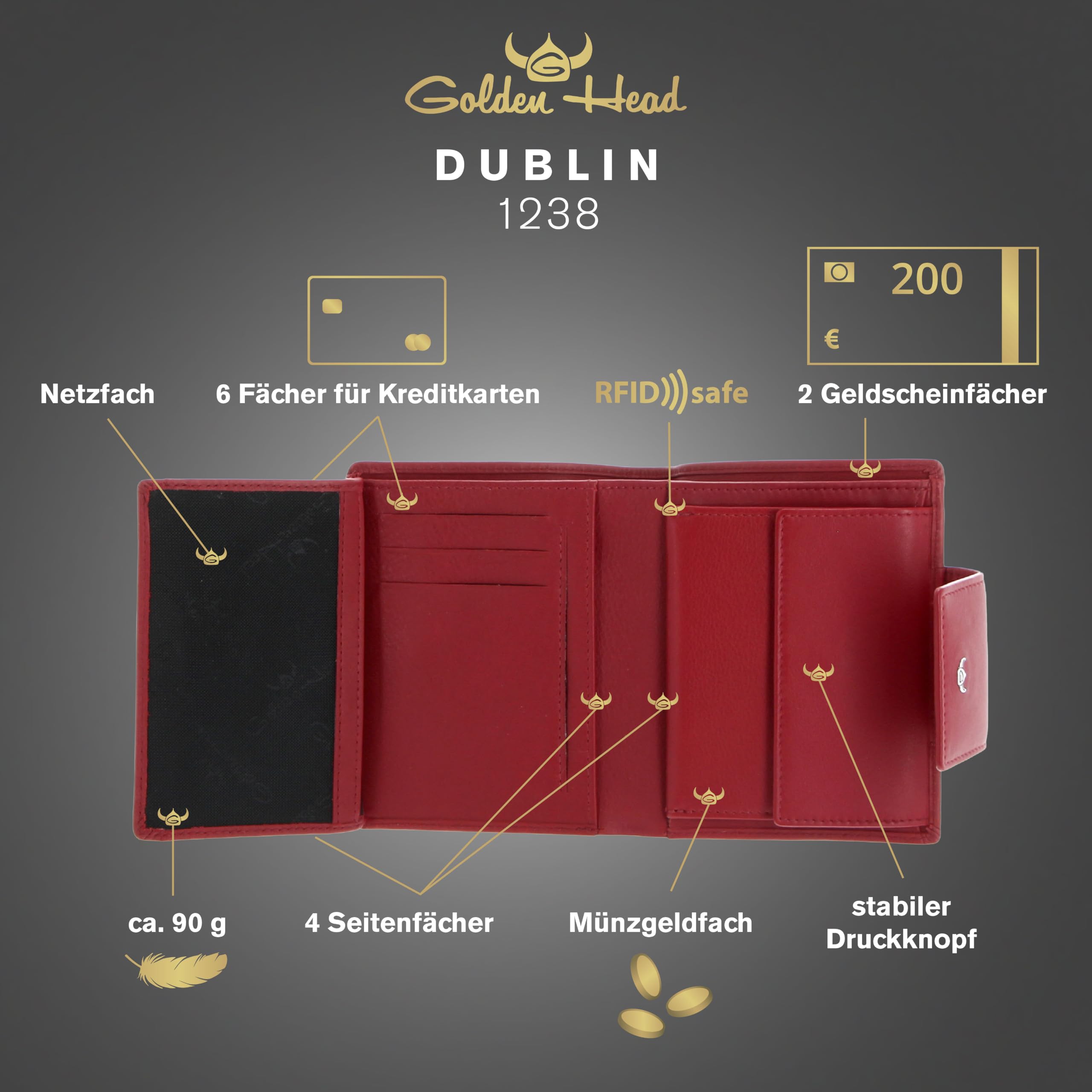 Golden Head Leder Geldbörse Dublin RFID Protect Kombischeintasche mit Riegel 1238 Rot