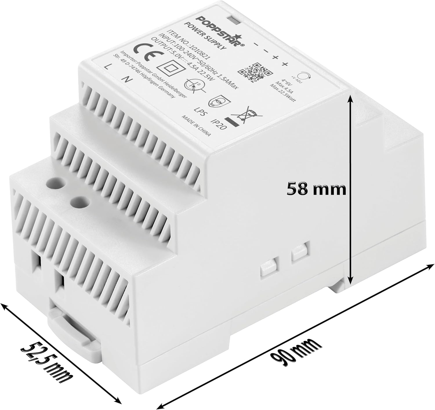 Poppstar DIN Rail Power Supply with dimensions labeled
