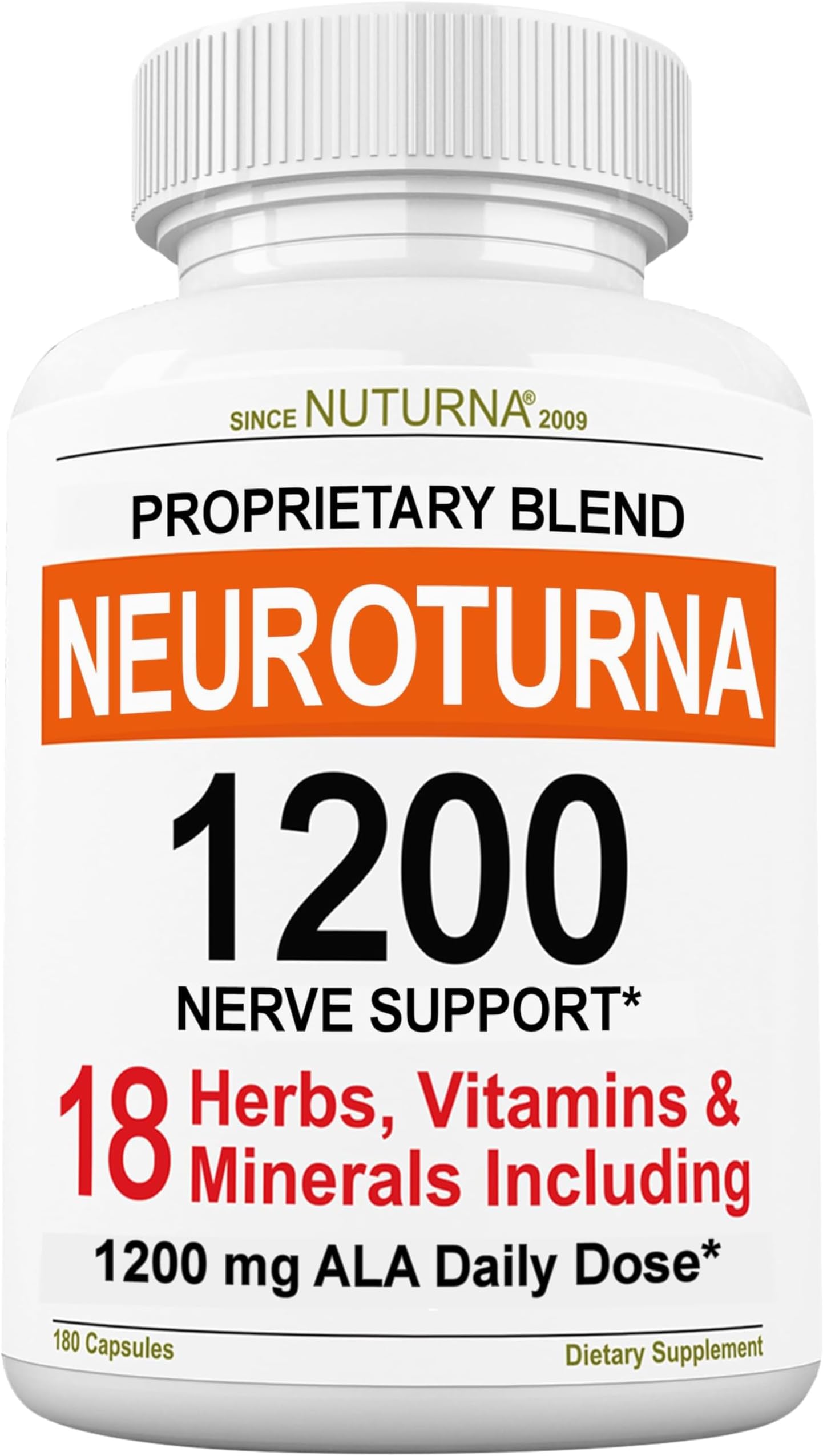 Neuroturna Support Supplement with 1200 mg Pure Alpha Lipoic Acid - Maximum Strength Formula with ALA + Vitamins + Minerals + Herbs - Best Natural Support - 180 Capsules