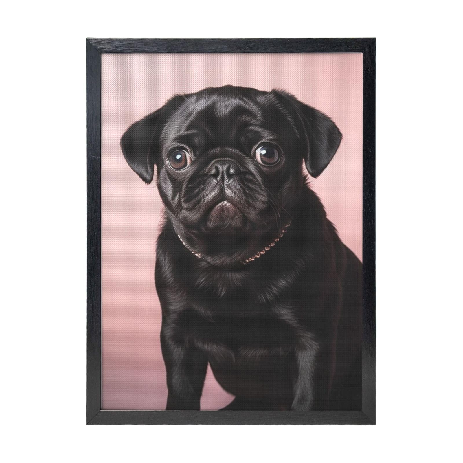Framed Wall Art - Decorative Canvas Painting Cute Black Pug Pictures Poster Aesthetic Modern Prints Artwork for Bedroom Office Wall Decor Ready To Hang 12x16 in