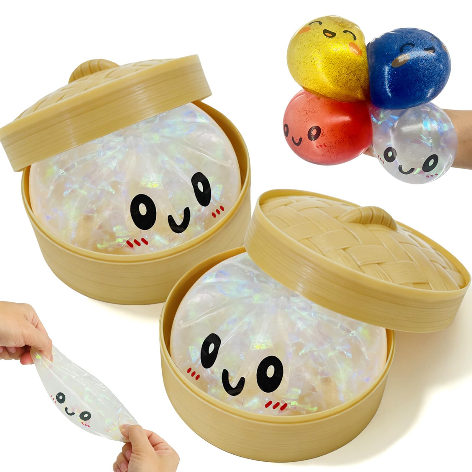 Glitter Dumpling S quishy Mystery Box, Slow Rising Squishy Dumpling Toy with Reusable Steamer Box, Colourful (White + White)
