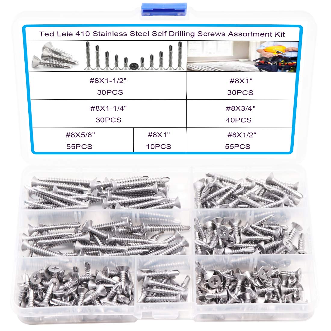 Ted Lele250 Pcs 410 Stainless Steel Self Drilling Screws Set - Size: #8 x 1/2" ~ #8 x 1-1/2" (#8 Flat Head)