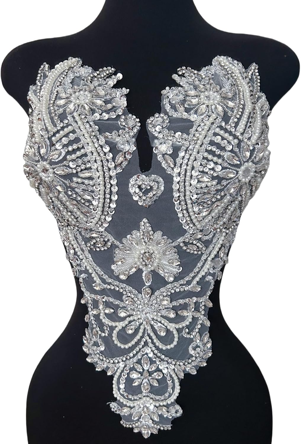 Rhinestones Applique Patch - Embroidered with Glass Beads on Lace for Bridal &Evening Dress & Top Decoration, DIY Clothing Embellishment (White)