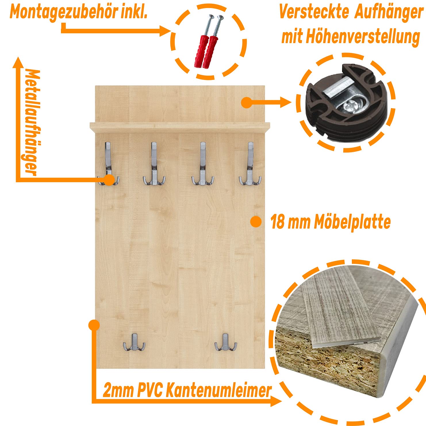 AKKE 120x60 | MAXI Garderobenpaneel Wandgarderobe Garderobe Wandpaneel Kleiderstange CHROM | AHORN