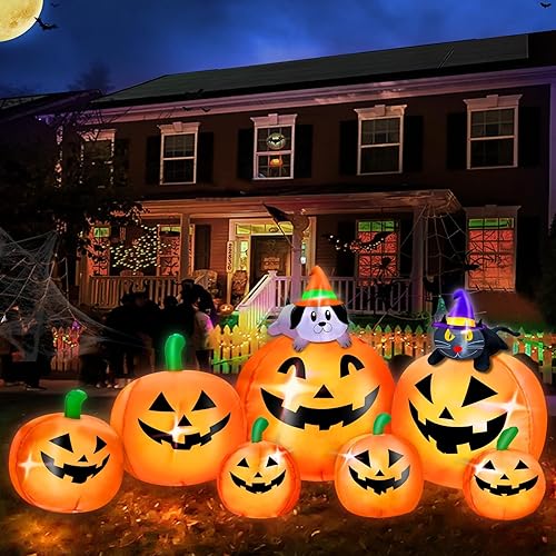 Miniatura 6 de Decoraciones inflables de calabaza de Halloween al aire libre – 7 calabazas con bruja gato y perro con LED integrados inflables inflables para