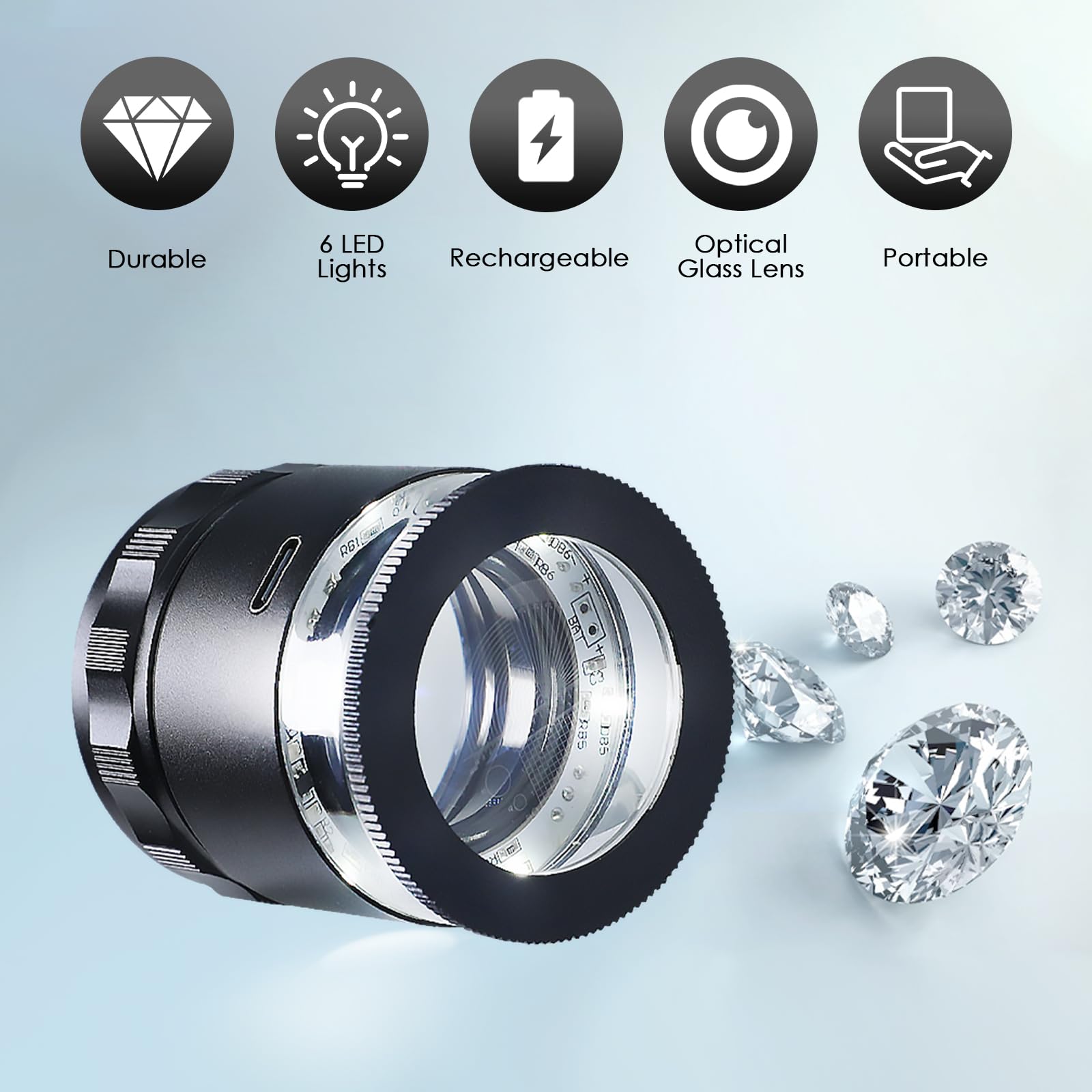 10x Beleuchtete, Wiederaufladbare Skalenlupe mit 6 LED-Lichtern, 25 mm Sichtfeld, 20 mm Glas-Messskala für Edelsteine, Diamanten, Schmuckprüfung, Münzen, Briefmarken