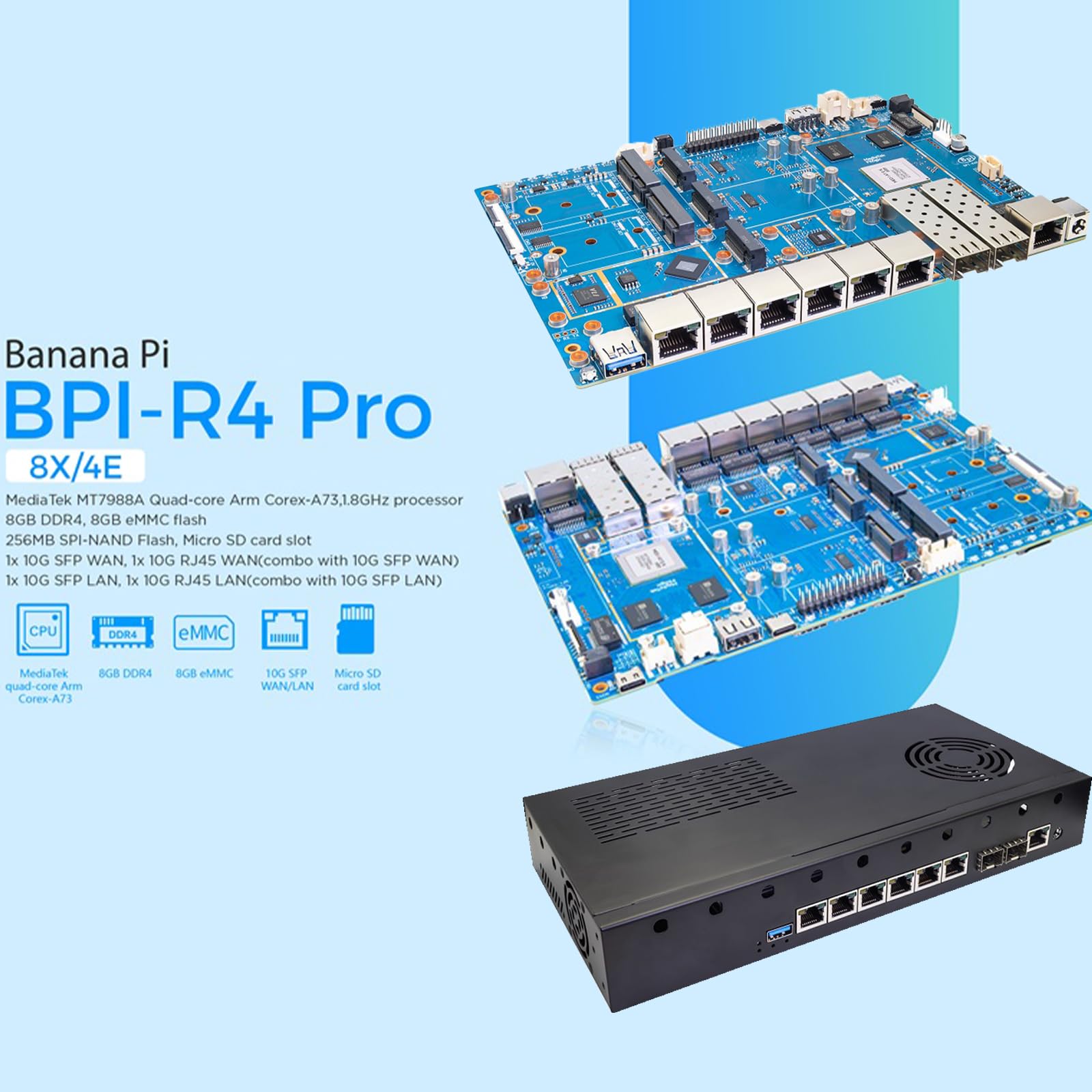 Banana Pi BPI R4 Pro WiFi 7 Router OpenWrt, MT7988A CPU 4/8GB DDR4 RAM 4X 2,5G port Ethernet 2 x 10G port światłowodowy obsługuje 4G/5G, do inteligentnego domu NAS-Gateway routera internetowego