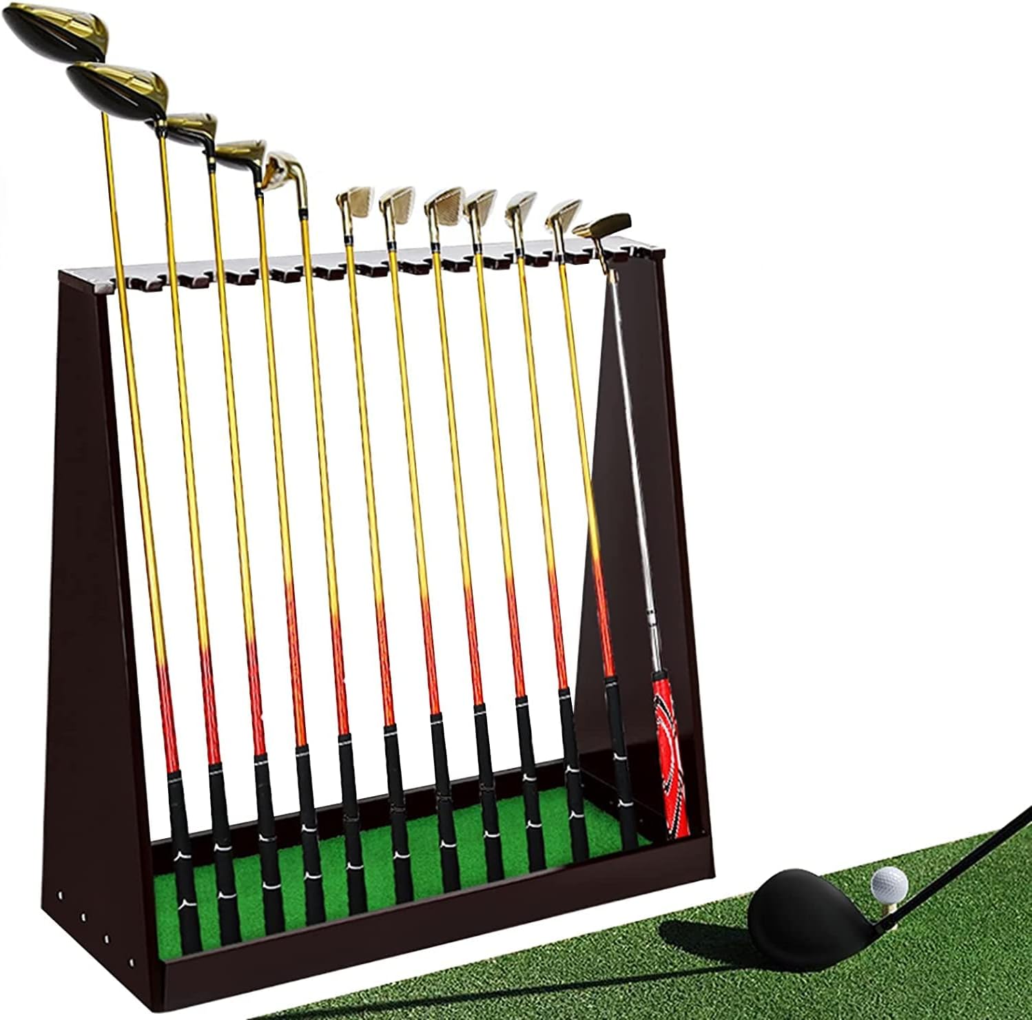 Backyard Patio Garage Golf Club Organizer, Holds 13 Clubs, Rustic Wood Golf Putter Display Stand Holder for Student, Floor Equipment Storage Shelf