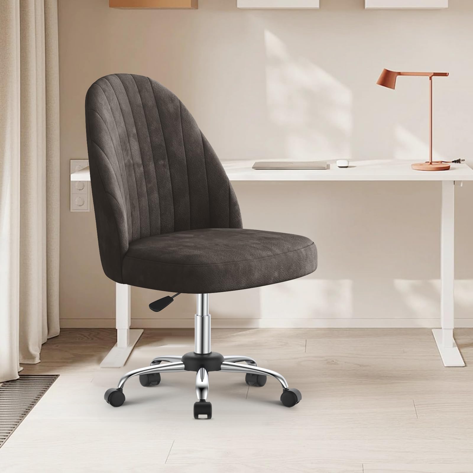 naspaluro Small Swivel Makeup Vanity Chair, Velvet Dressing Table Chairs, Dark Gray Comfy Desk Chairs for Bedroom/Home Office, Armless Cross Legged Office Chairs with Wheels, Spinning Study Stool