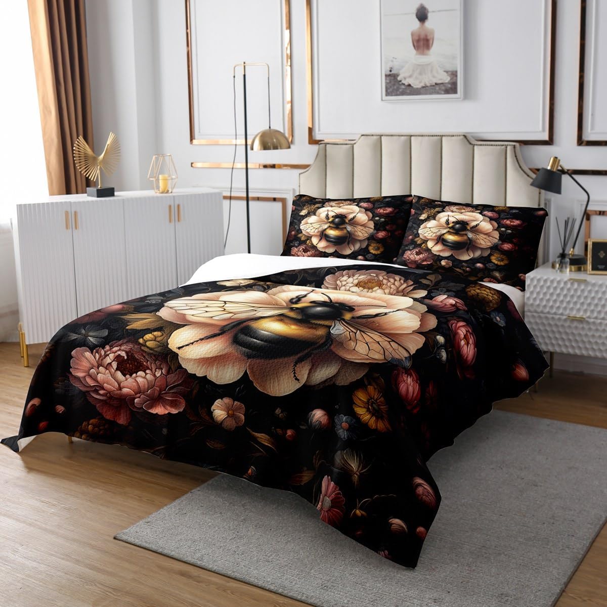 Erosebridal Bee Flowers Coverlet Set King Size Vintage 3D Bedspread for Adults Women Girls Hand Drawn Dark College Wildlife Quilted Coverlet Rustic Botanical Mysterious Nature Quilted