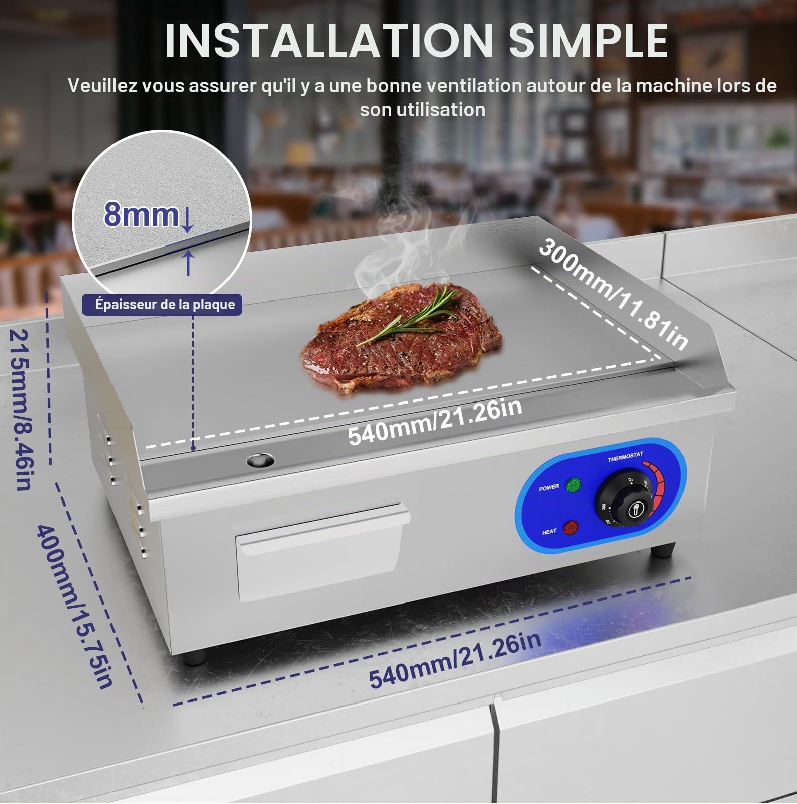 TAIMIKO Plancha Électrique Professionnelle en acier inoxydable Commercial Plaque de Gril en Fer 3000W 220-240V Lisse