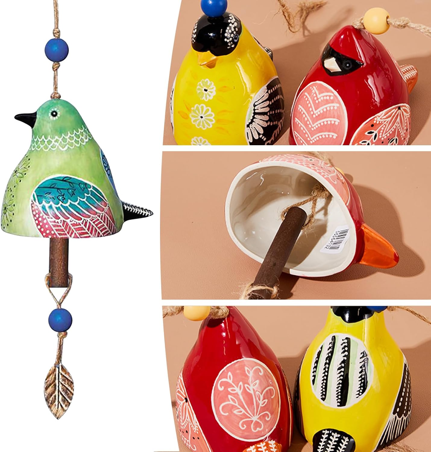 Cute Ceramic Bird Wind Chimes for Outside and Indoor, Memorial Windchime with Soothing Melodic Tones, Gifts for Mom, Garden Patio Balcony Home Decor Hanging (C)