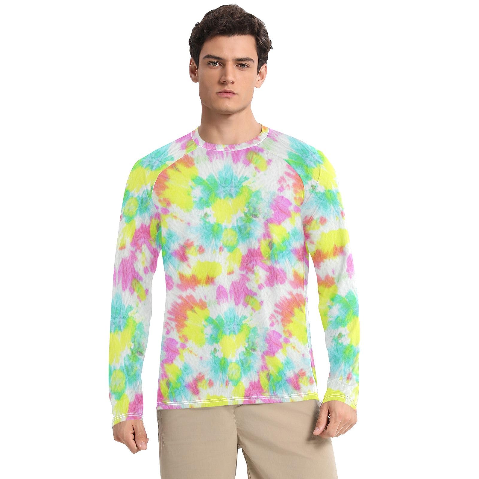 Pastel Tie Dye Pink Yellow Green Sun Shirts UPF 50+ UV Protection Long Sleeve Rash Guard for Men Quick Dry Swim Shirts, Small