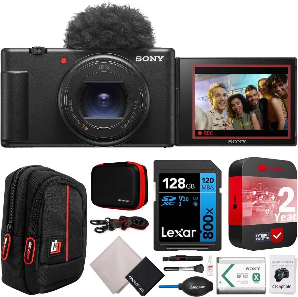 Sony ZV-1 II Vlog Camera with 4K Video & 20.1MP for Content Creators and Vloggers Black ZV-1M2/B Bundle with CPS 2 YR Extended Protection Pack + Deco Gear Case + 128GB Memory Card & Accessories Kit