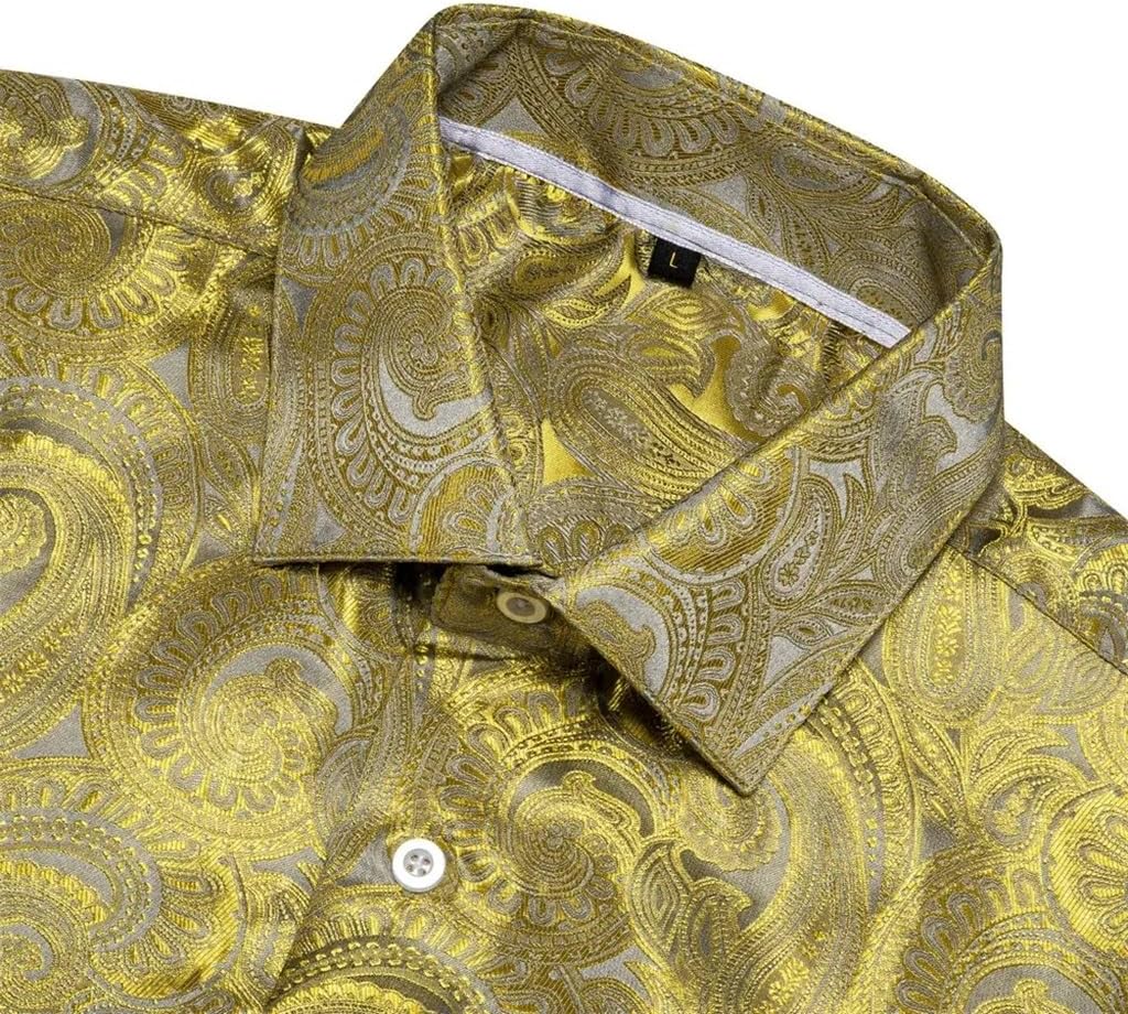 Spring Autumn Men Silk Shirt Gold Paisley Woven Long Sleeve Lapel Shirts Casual Fit Party