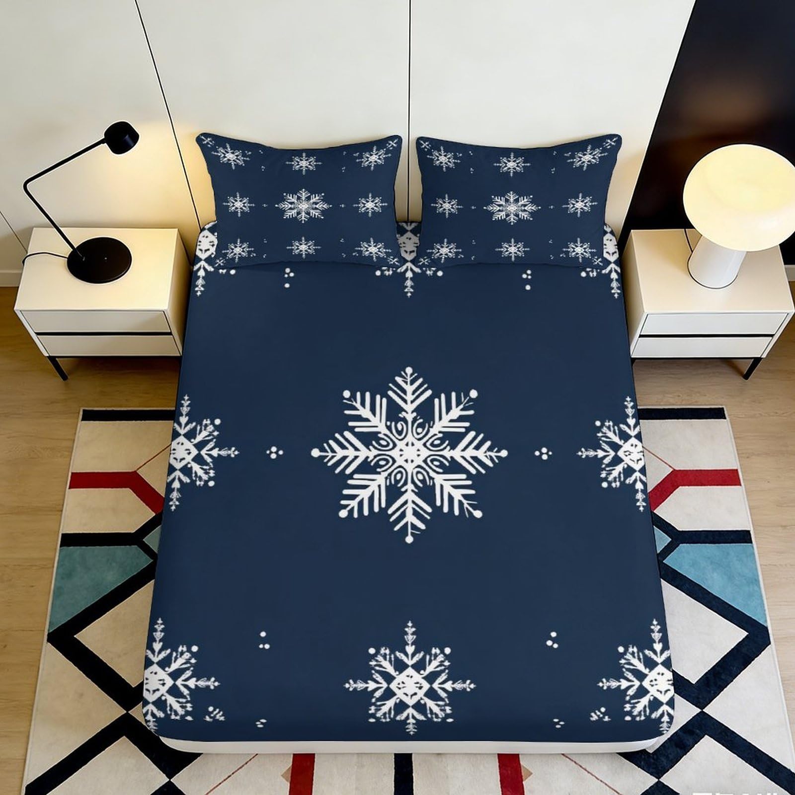 3D Printed Snowflake Pattern Fitted Sheet Microfiber Navy Blue Mattress Cover for Bedroom Guest Room Dorm Bed Decor 160x200x25cm