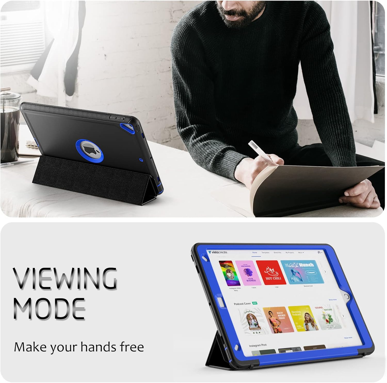 V-MOTA Flat Protect Compatible with iPad 10.2/10.5 Inch 9th/2021 8th/2020 7th/2019 Gen,PU Leather Design Ultra Slim Fit Auto Sleep Smart Cover Case (Black+Blue)