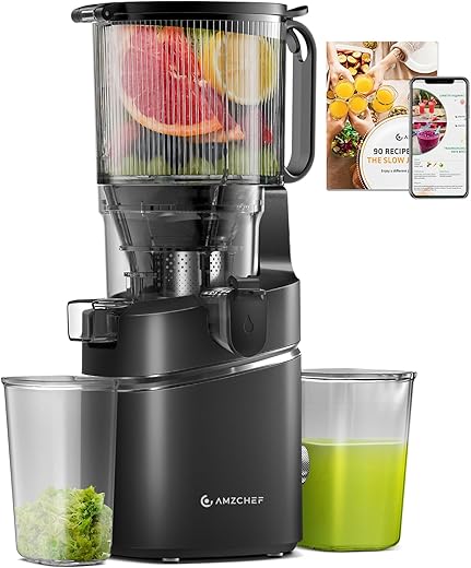 AMZCHEF Juicer Machines, 5.8" Extra Self-Feeding Cold Press Juicer for Whole Vegetable & Fruit, Juice Extractor Machine with Large Auger & Triple Strainers, Easy to Clean, High Juice Yield, Black
