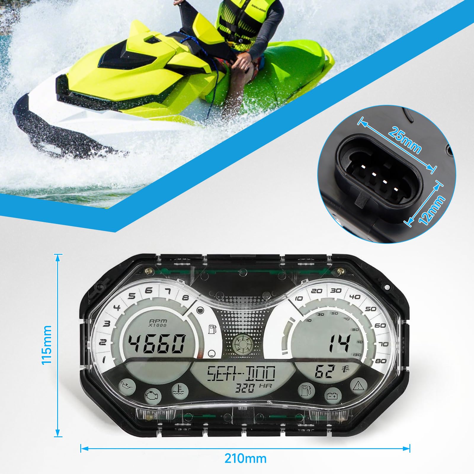 278002270 - Tachimetro LCD digitale per Jet Ski con cluster di strumenti per Seadoo GTX RXP RXT Wake 278002328 278002326 278002319 278002317 con 278002144 Cornice cromata