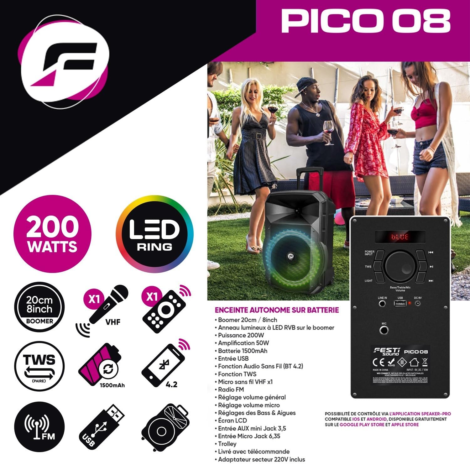 Enceinte Sono Festisound PICO-08, Autonome sur Batterie, Puissance 200W, USB Bluetooth, TWS, Radio FM, Micro sans Fil