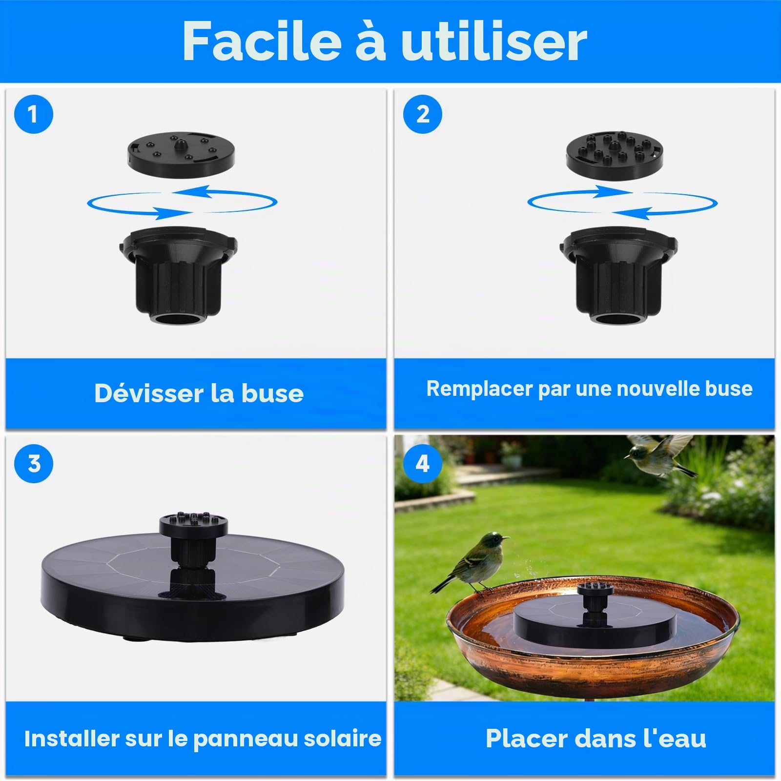 Fontaine Solaire Extérieure, Pompe Solaire Flottante avec 6 Buses, Fontaine pour Bain d’Oiseaux, Bassin, Aquarium, Patio, Étang et Décoration de Jardin Extérieur