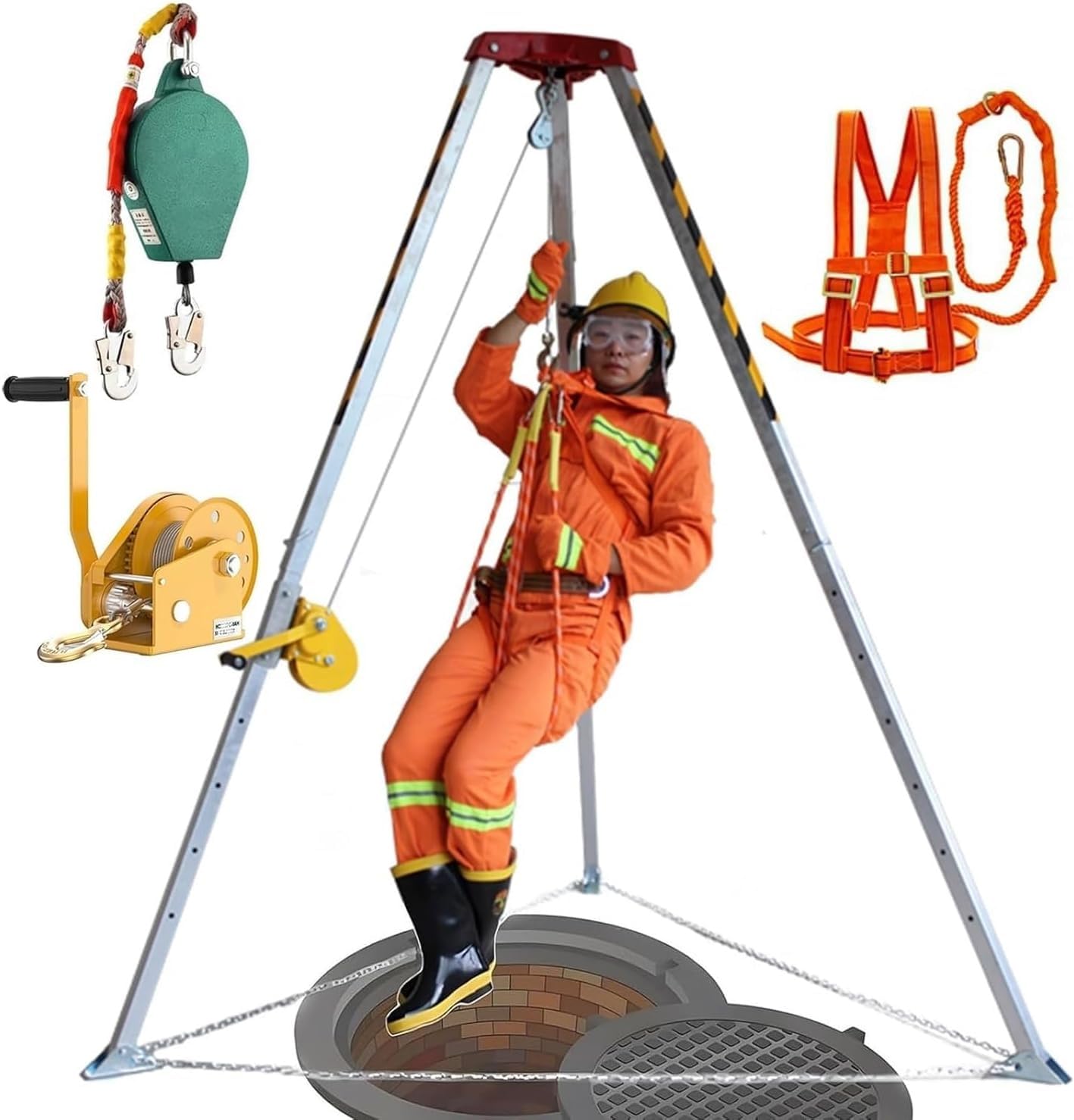 Confined Space Rescue Tripod Kit with 2600LBS Winch Falling Protector for Sewer Well Tunnel Safety - Heavy-Duty Tripod