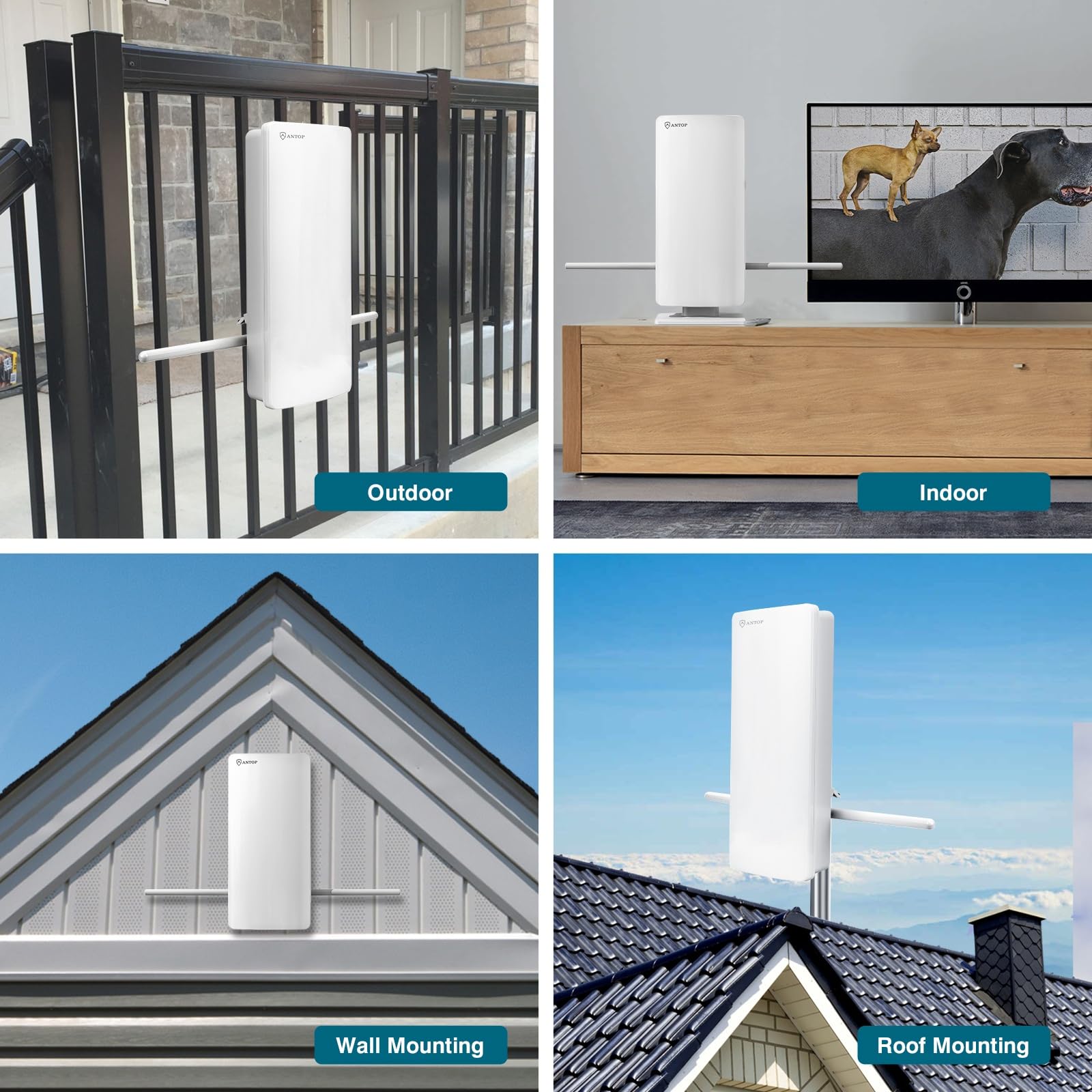 Antop AT-800SBS-AMZ HDTV&Fm Amplified Antenna 85 Miles Range Indoor/Outdoor Antenna Dual Outputs Support TV and Second Device-FM Stereo, with Noise-Free 4G LTE Filter & Smart Boost System TV Antenna