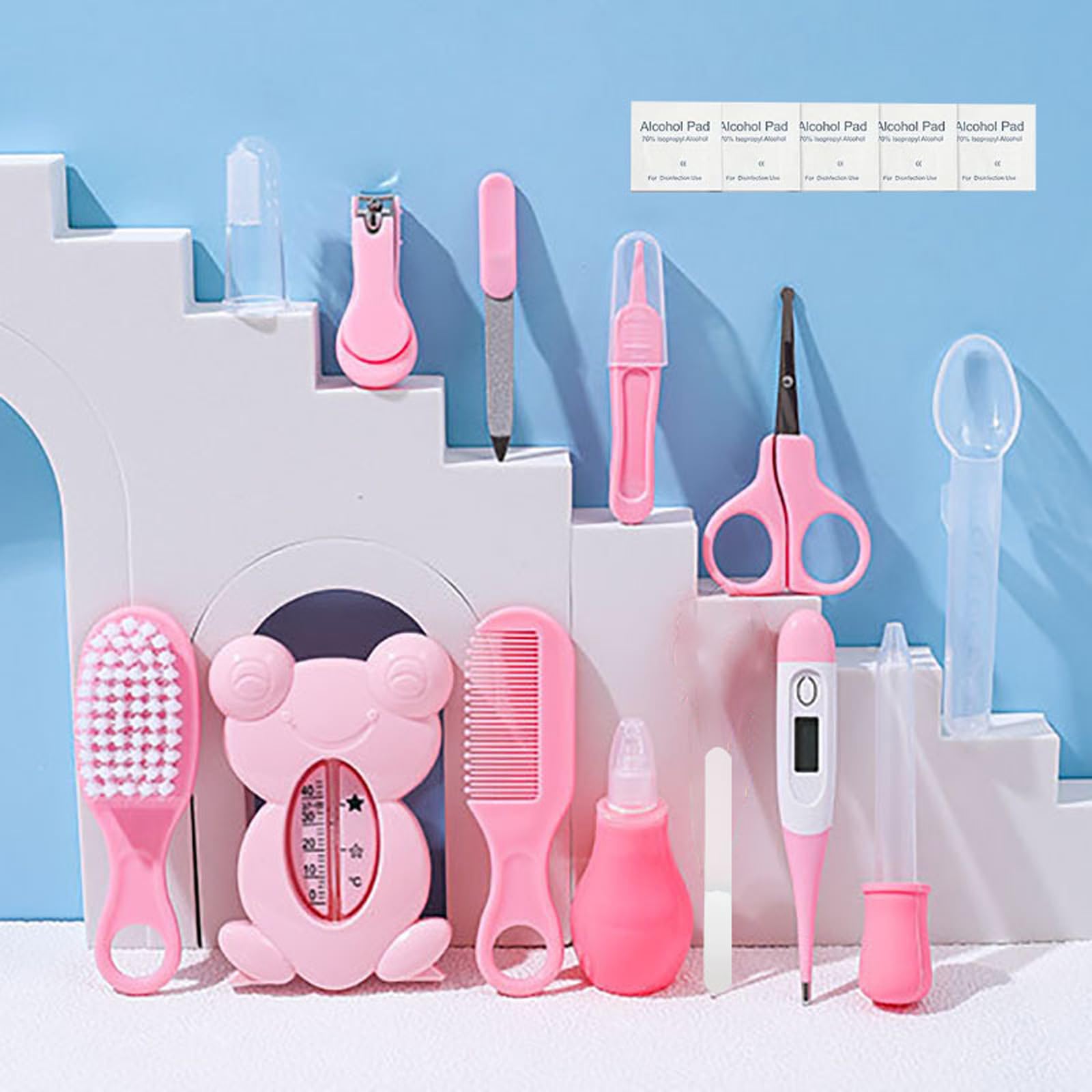Liemuao Kit Trousse de Toilette Bebe, 13 Accessoires Essentiels Soin de Bébé - Brosse à Cheveux, Thermomètre Digital et de Bain, Coupe-Ongles, Lime, pour Nouveau-Né Fille et Garçon (Rose)