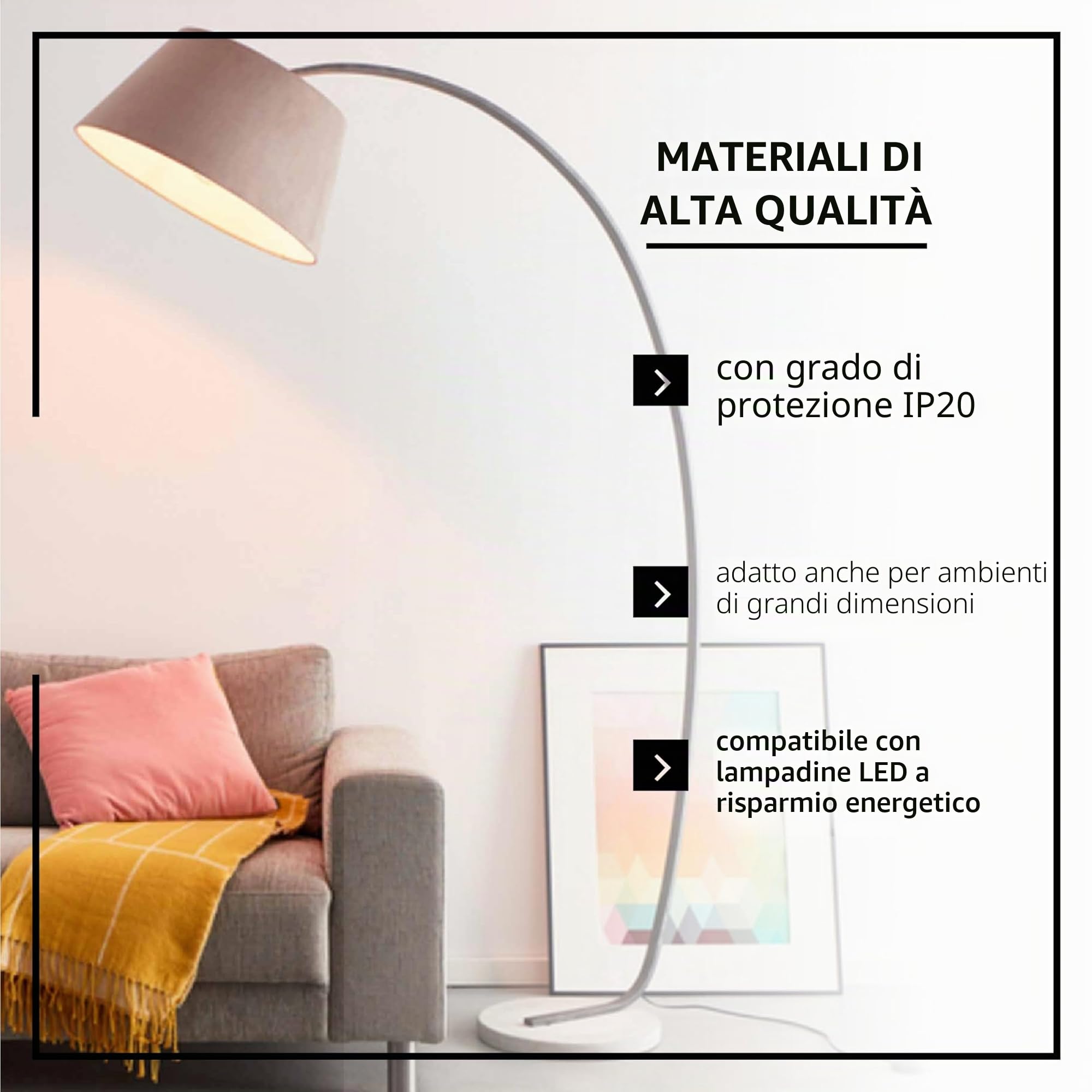 Lightbox Lampada da terra paralume decorativo in tessuto - 196 cm di altezza x 50 cm di larghezza - lampada da terra ad arco con interruttore a pedale e testa girevole - attacco E27 - in