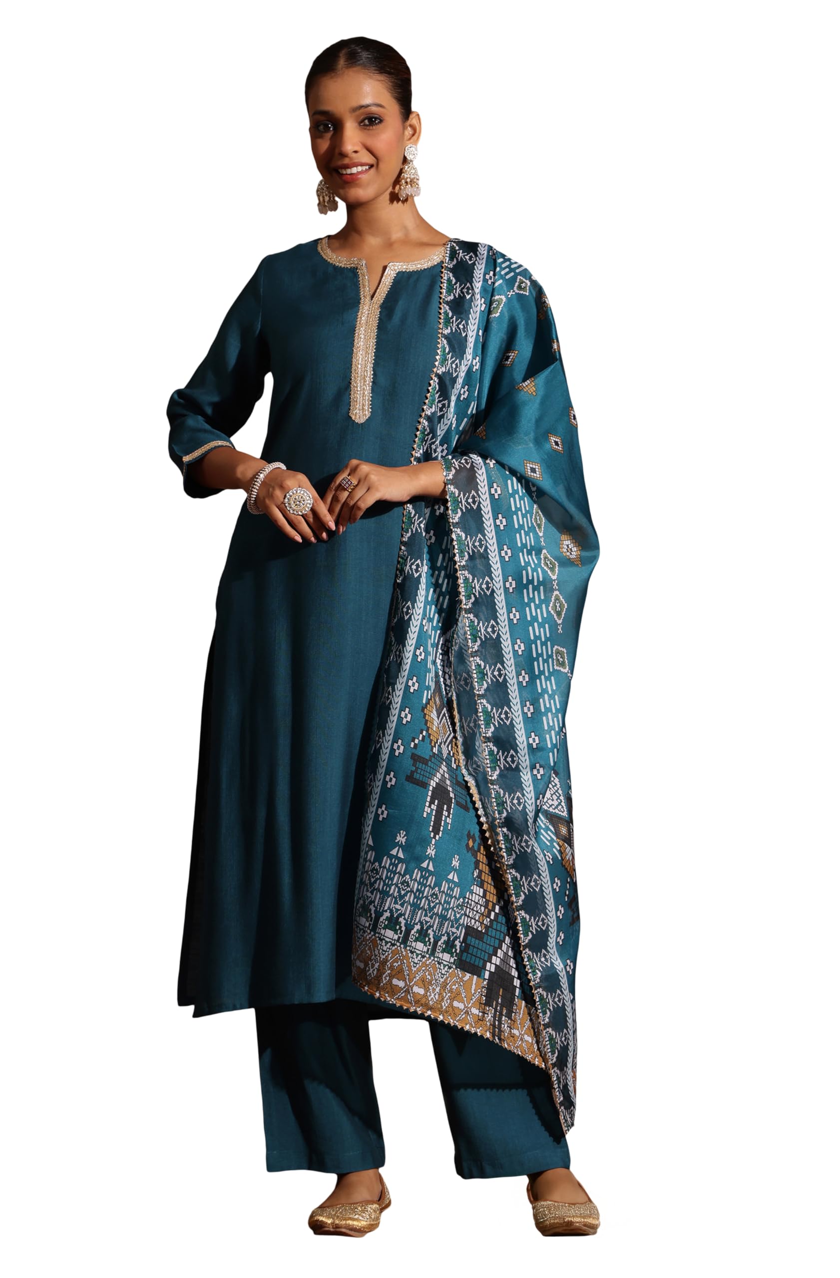 Janasya Women's Teal Blue Silk Blend Yoke Design Straight Kurta Set with Printed Jacquard Dupatta in blue