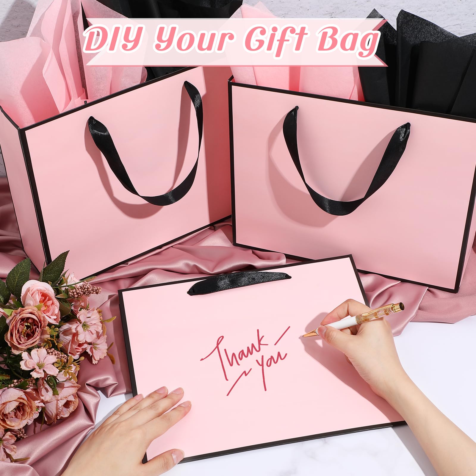 ReliThick Paquete de 12 bolsas de regalo de papel metálico con asa y pañuelo, 11.8 x 10 x 4 pulgadas, bolsa de agradecimiento para graduación, boda, novia, fiesta de cumpleaños, baby shower,