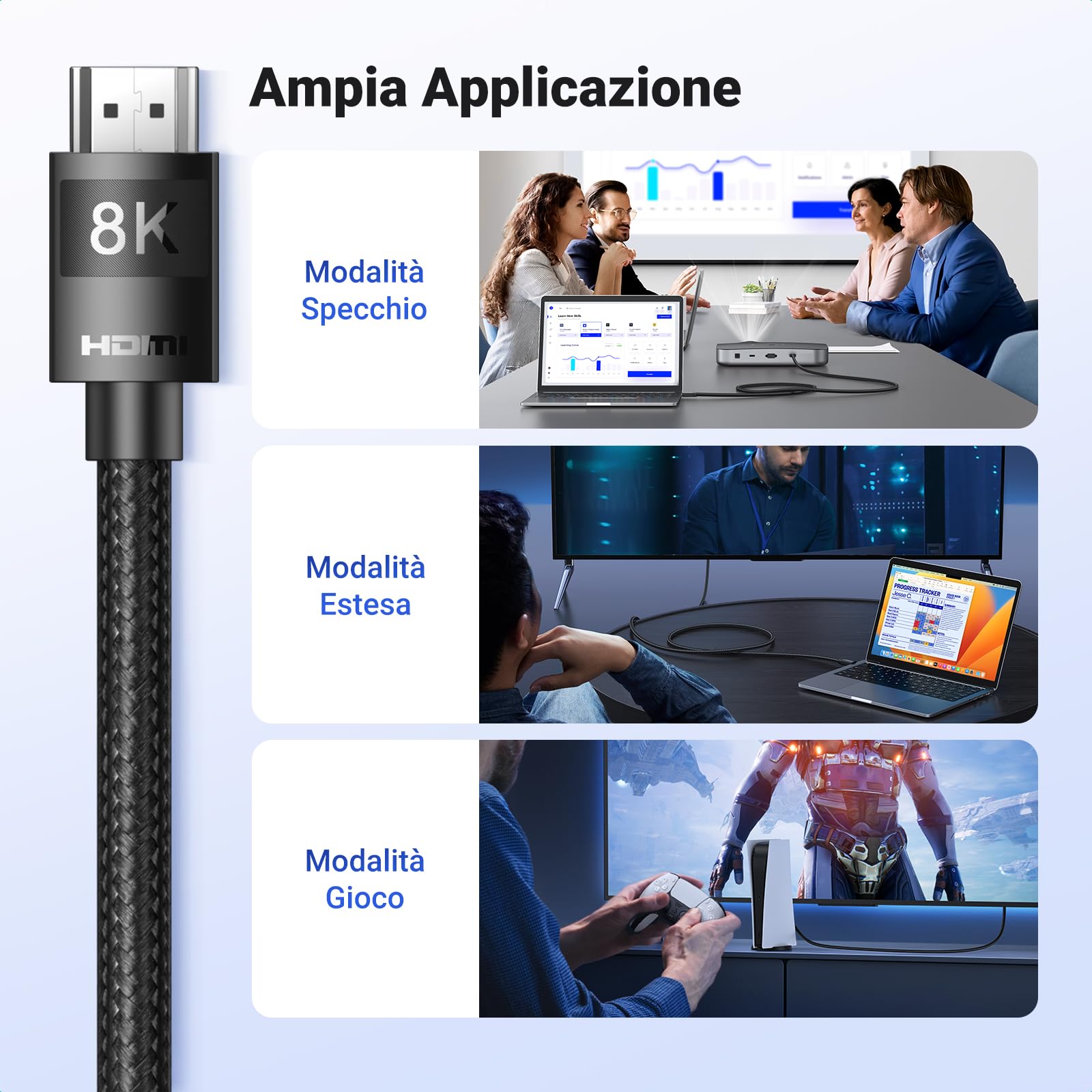 UGREEN Cavo HDMI 2.1 Certificato 8K 48Gbps 4K 120Hz eARC HDCP2.3 HDR Dolby Atmos VRR Nylon Intrecciato 2M
