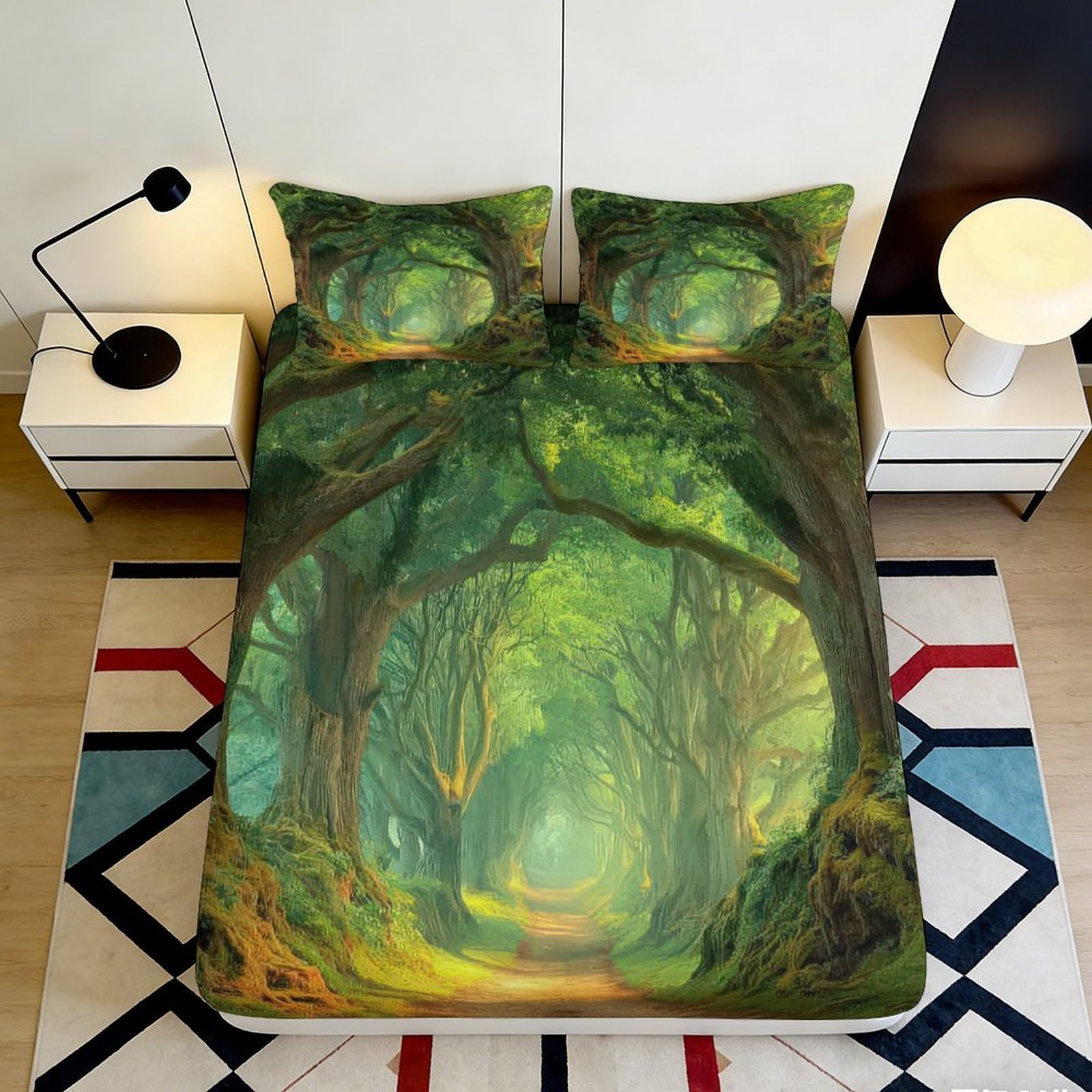 3D Printed Forest Path Fitted Sheet Microfiber Soft Breathable Woodland Mattress Cover for Bedroom Dormitory Guest Room Mattress Protection Decor 140x200x25cm