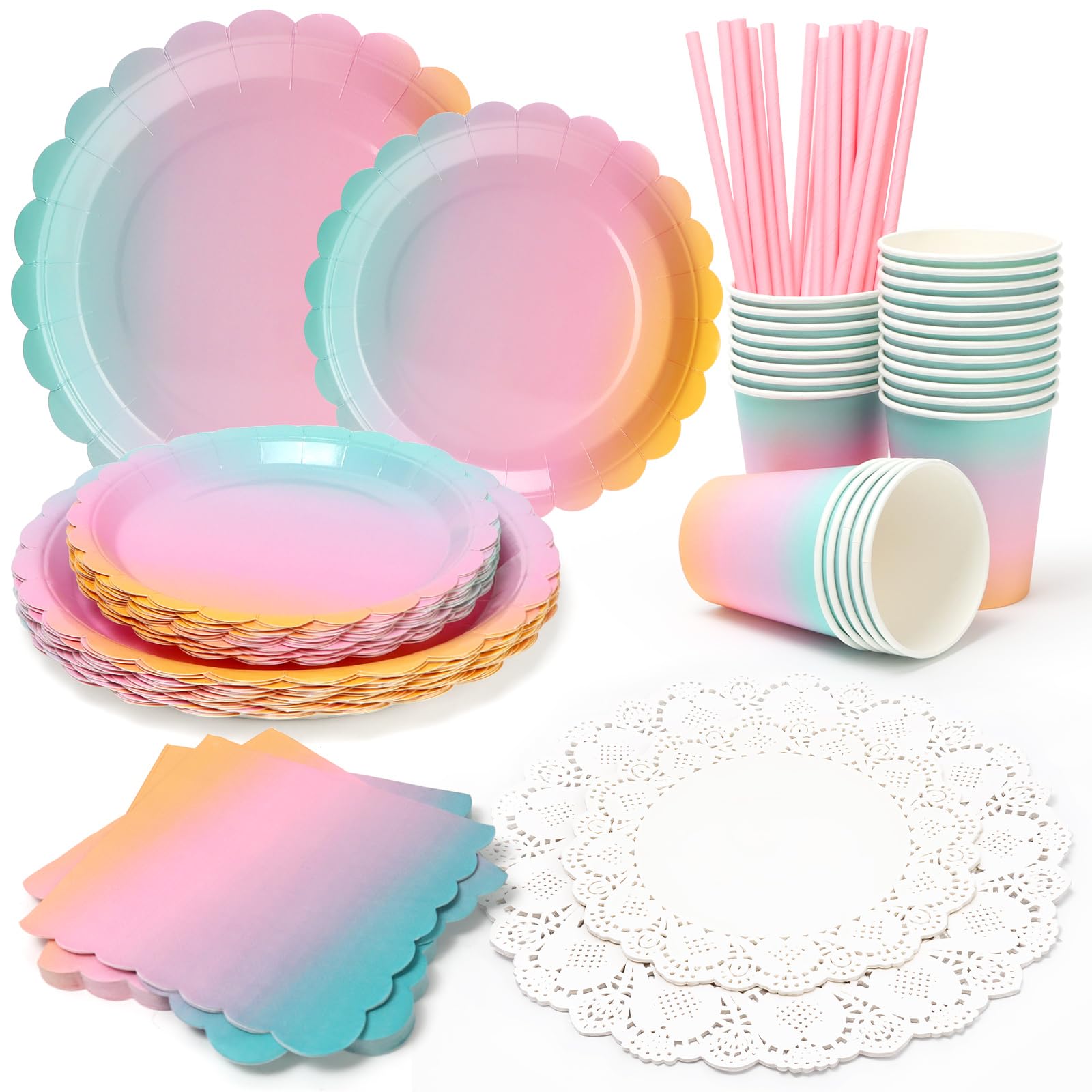 PARTY GO 175PC Colorful Paper Plates Cups Napkins Straw Paper Doilies