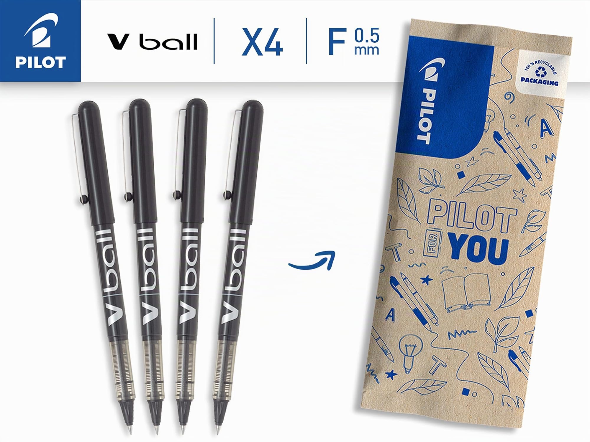 Set di 4 Penne Roller PILOT V-Ball 05, Punta Conica Fine, Inchiostro Liquido, Asciugatura Rapida, Nero