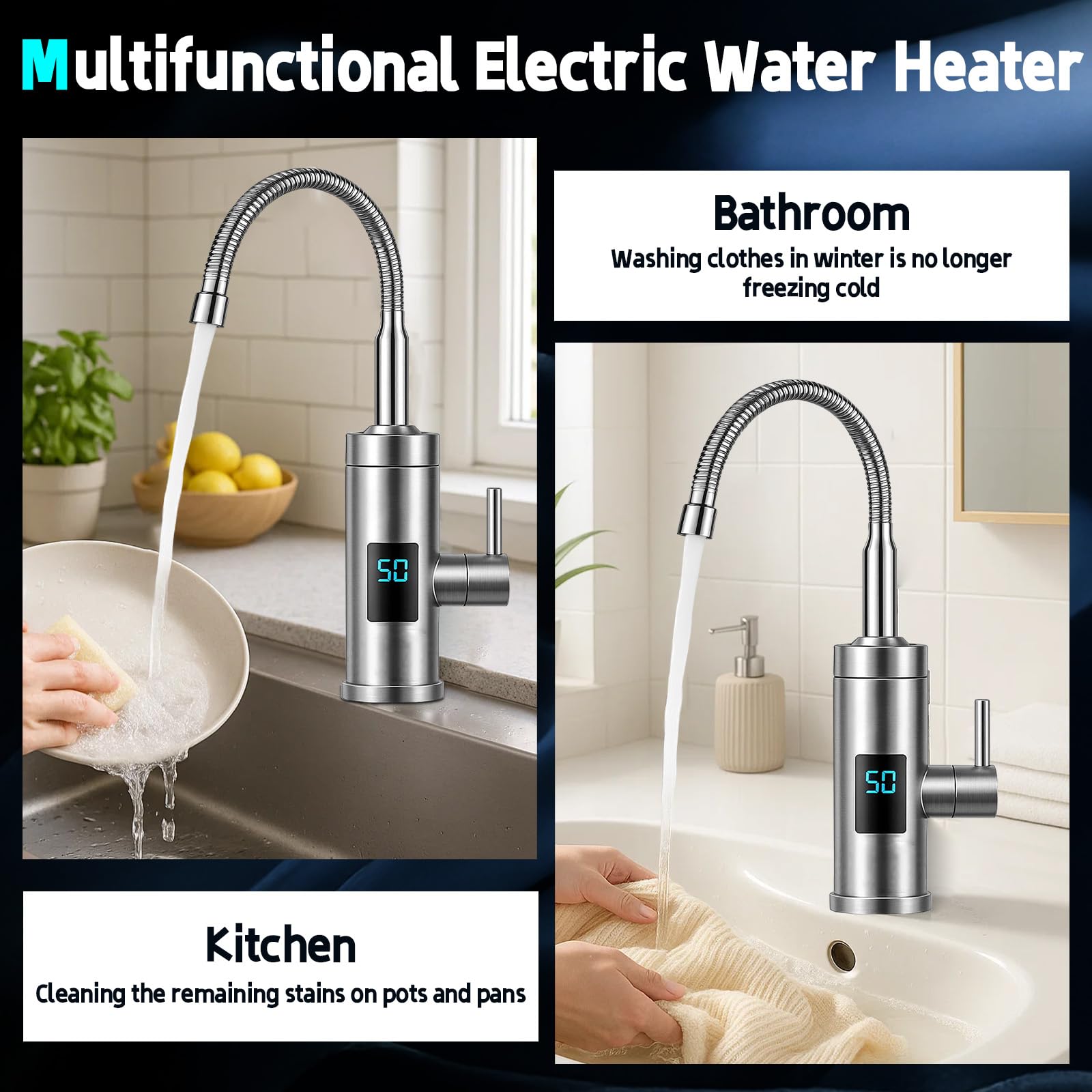 Elektrischer Wasserhahn mit Durchlauferhitzer, 220V 3300W Warmwasserhahn Küchenarmatur Smart Heater Wasserboiler für Küche, Garten, Bad, Wohwagen, Camping (F)