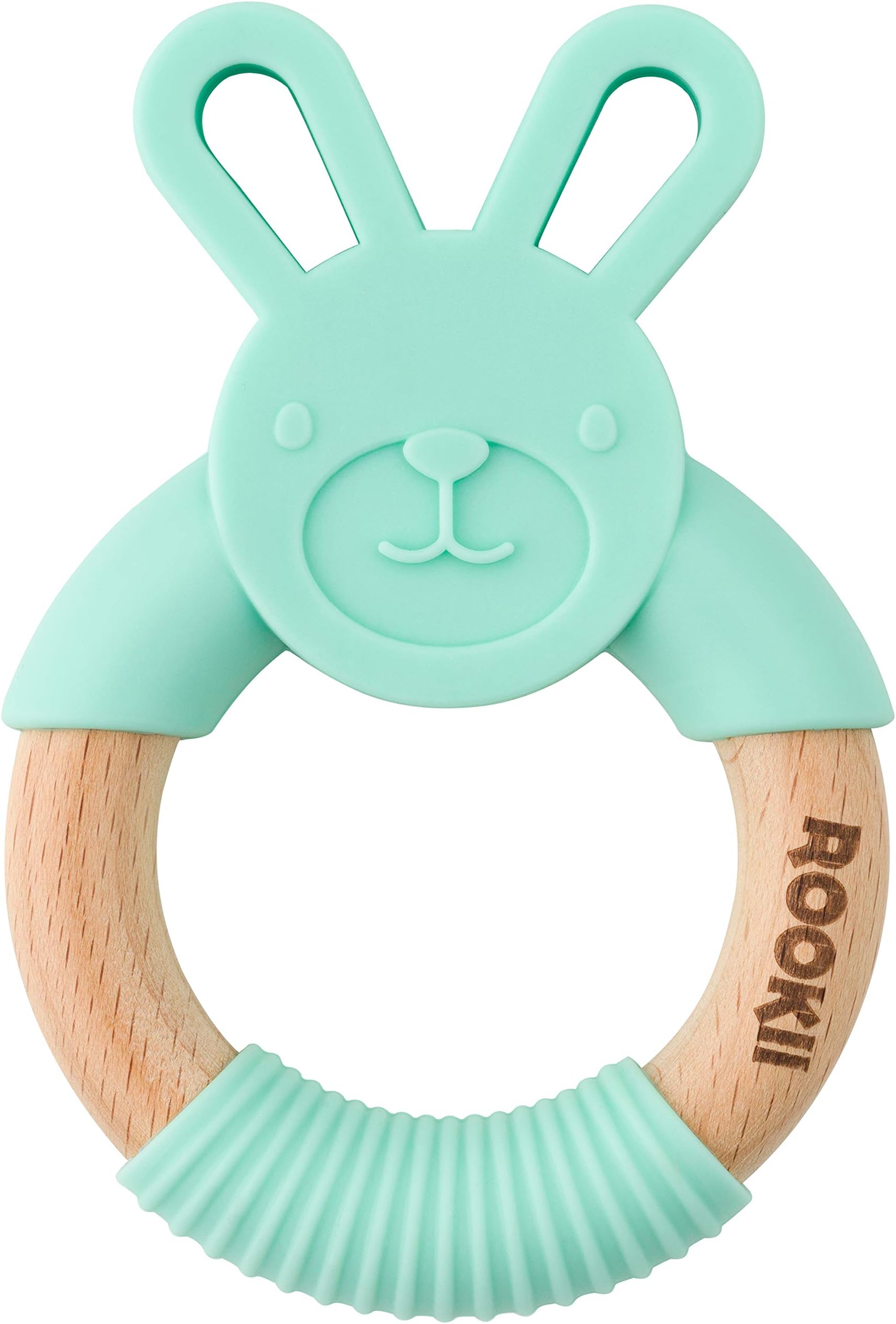 Rookii Natural Beech and Silicone Bunny Teething Ring | Eco Friendly | Fun | Soothe Baby’s Sore Gums | Promote Fine Motor Skills | (Green)