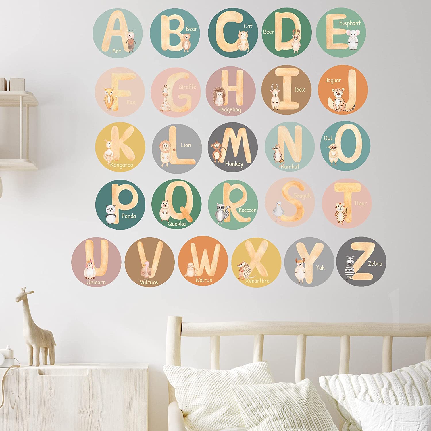 Alphabet Wall Decals for Classroom - 5 inch Nursery Alphabet Letters for Wall | ABC Wall Decals for Kids Rooms | ABC Wall Chart for Toddlers Learning | Boho Rainbow Animal Alphabet a b c Decals