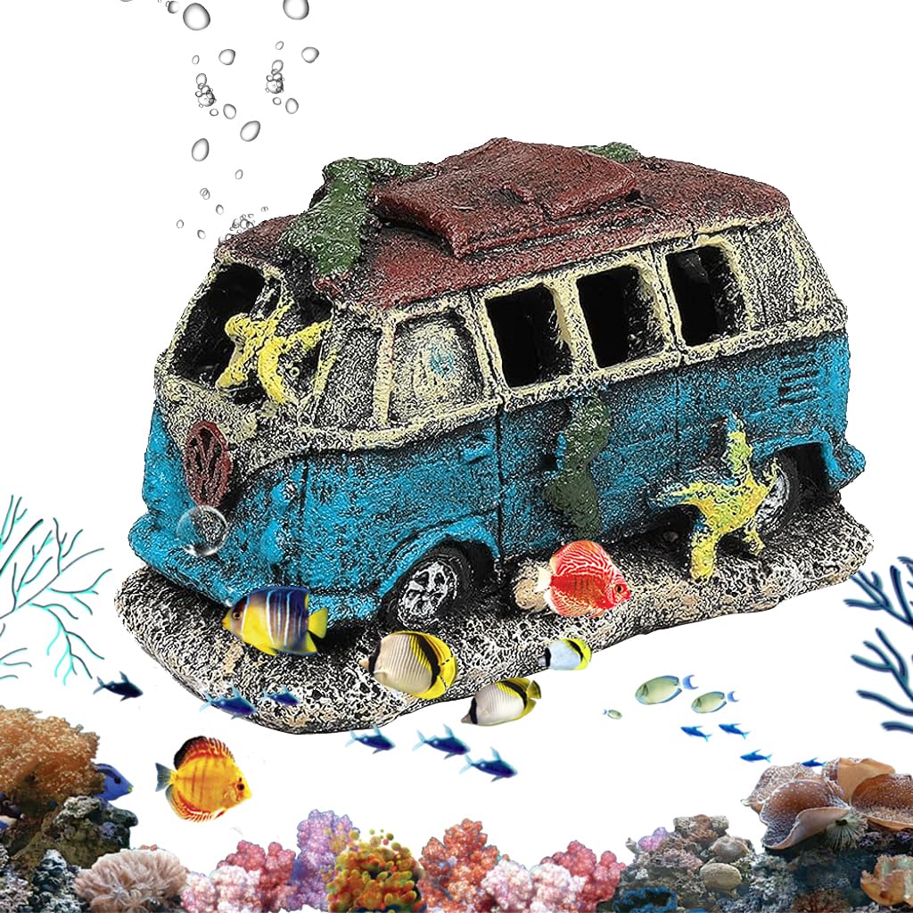 Qpets® Fish Tank Accessories, Aquarium Decorative Items, Vintage Resin Old Bus with Hiding Cave Engraving Seaweed and Starfish for Fish/Shrimp/Betta Fish (13x7.5x8CM)