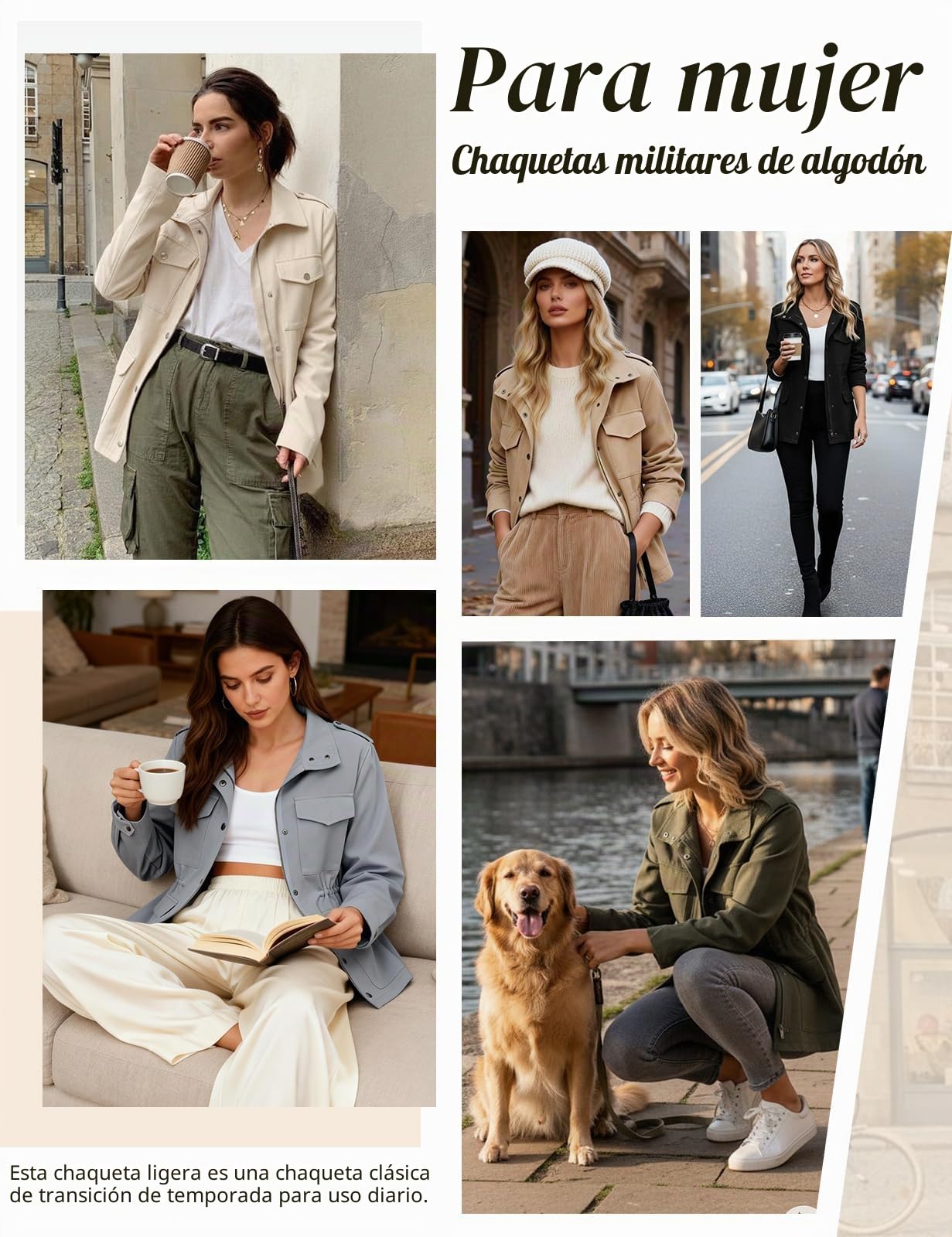 CMTOP Chaqueta Entretiempo Mujer Ligero Corto, Algodón Militar Chaquetas Sahariana Multibolsillos Cazadora, Elegante Casual Jacket Sólido Blouson para Primavera Otoño Verano