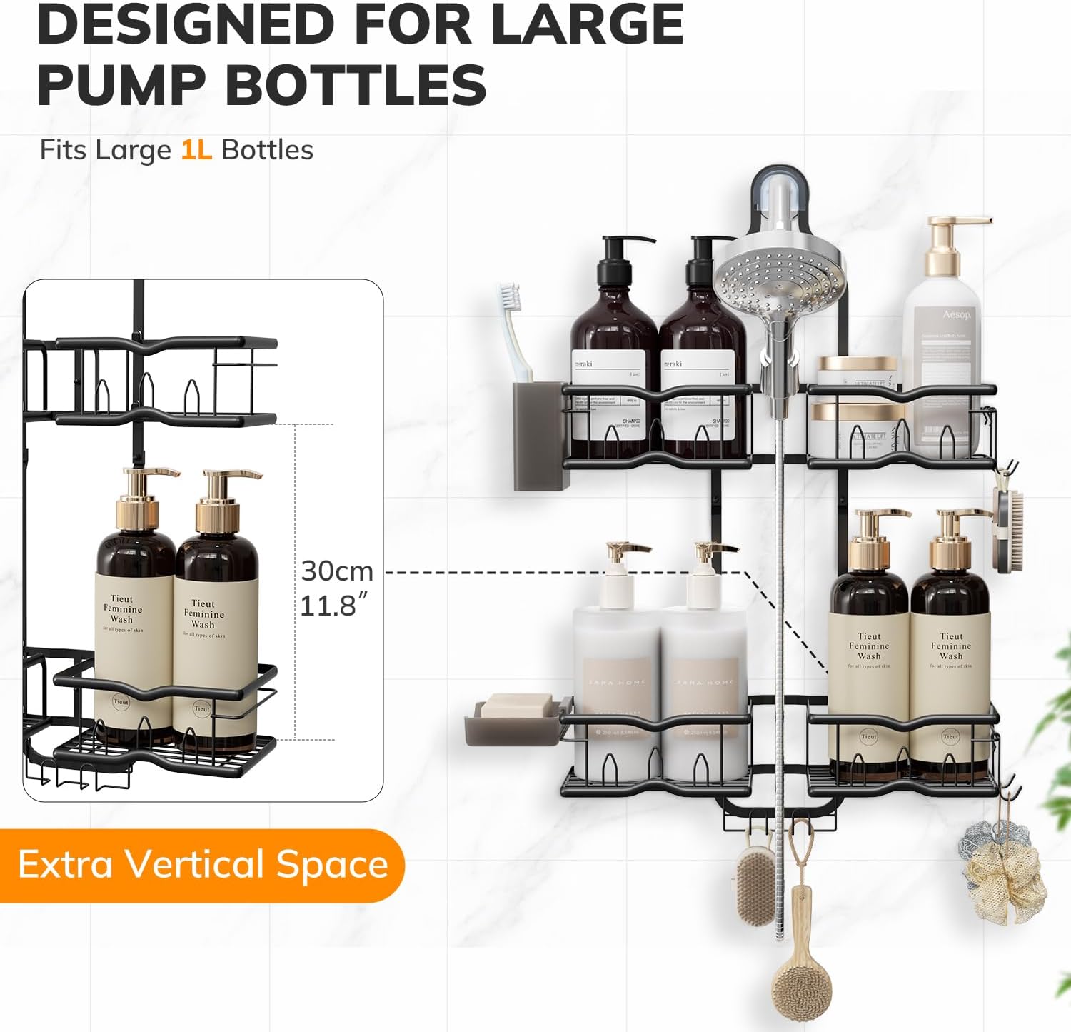 Heavy-Duty Shower Caddy Hanging for Handheld Showerhead, 2-Tier Adjustable Height Bathroom Organizer with 10 Hooks & Soap Holder, Rustproof Carbon Steel Anti-Swing Shower Shelves, Black