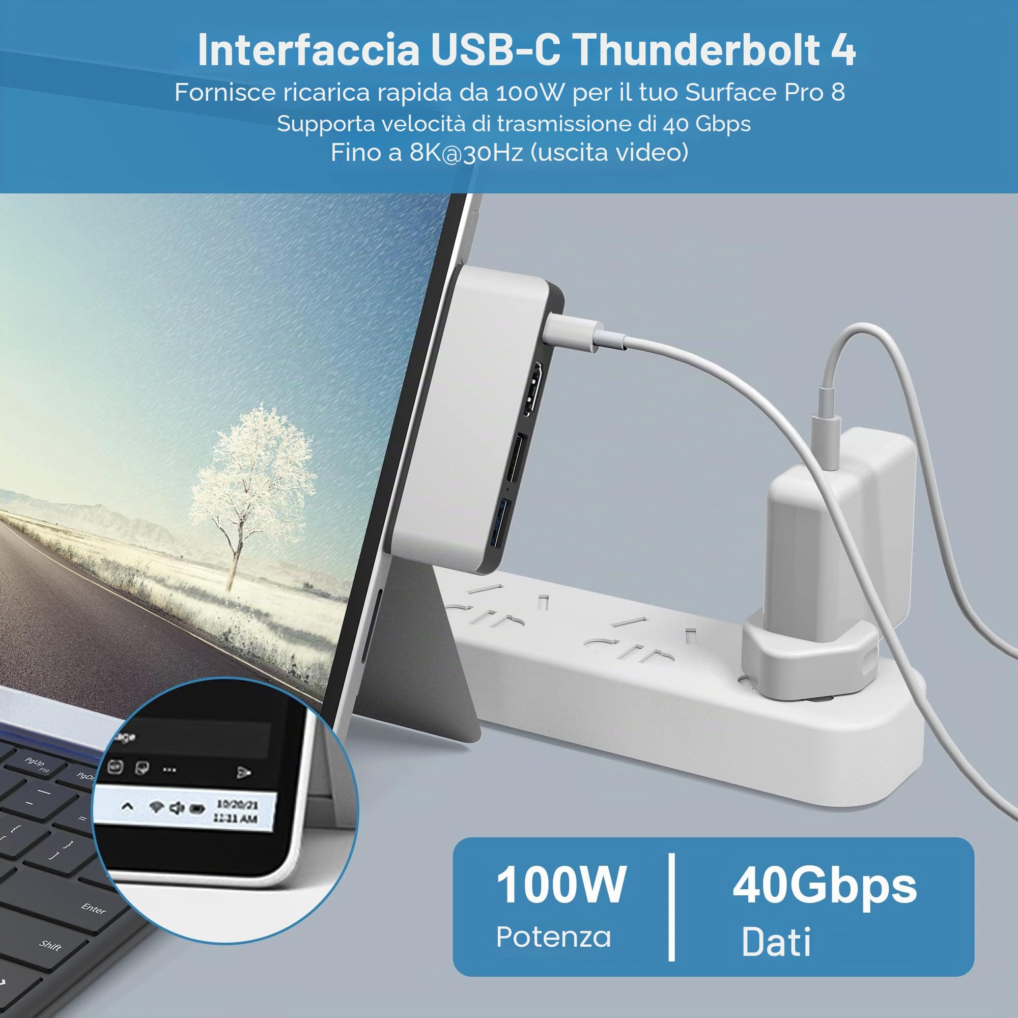 Surface Pro 8 USB C Hub Adattatore con 4K HDMI, USB-C Thunderbolt 4 (Display+PD Charging+Data), USB 3.0, USB 2.0, TF Card Slot, Docking Station Dual Monitor(HDMI+USB C) per Surface Pro 8