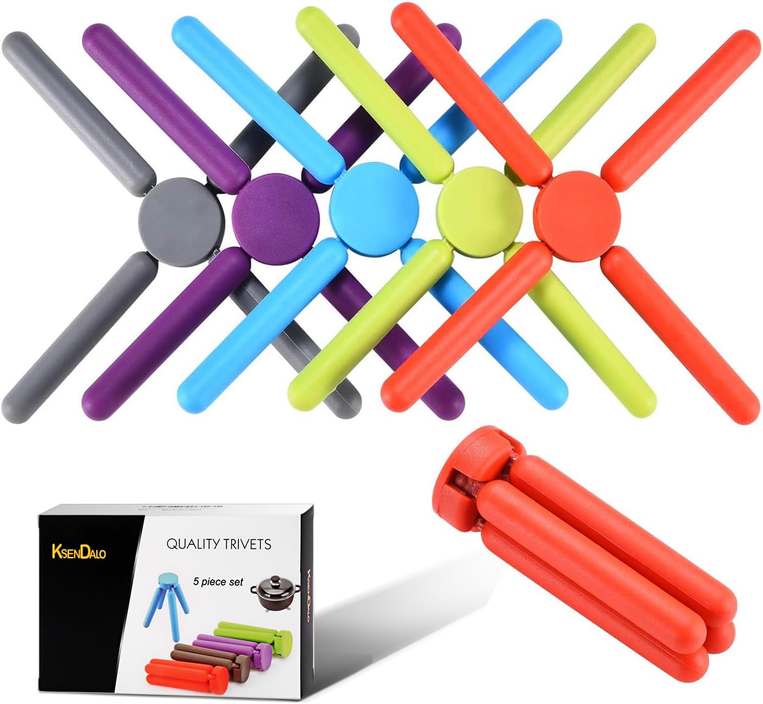 KSENDALO 5 Pack Thick Silicone Trivets for Hot Dishes Eco-Friendly Foldable Trivets for Hot Pots and Pans Folding Trivet Save Much Space for Kitchen Home, Multi-Color