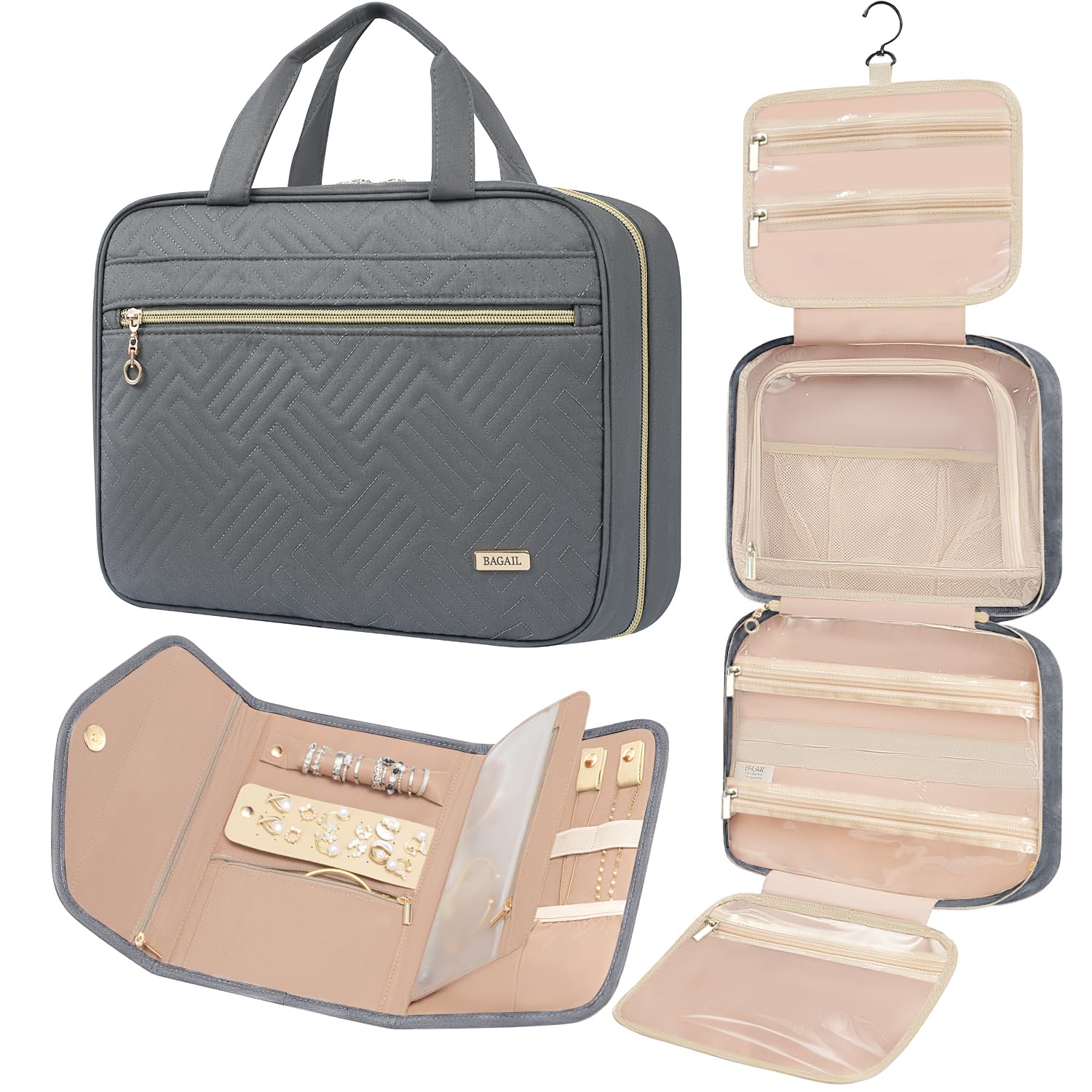 BAGAIL Hanging Toiletry Bag for Women Water-resistant Cosmetic Bag Large Capacity Travel Makeup Organizer for Full-Sized Travel Essentials(Classic+