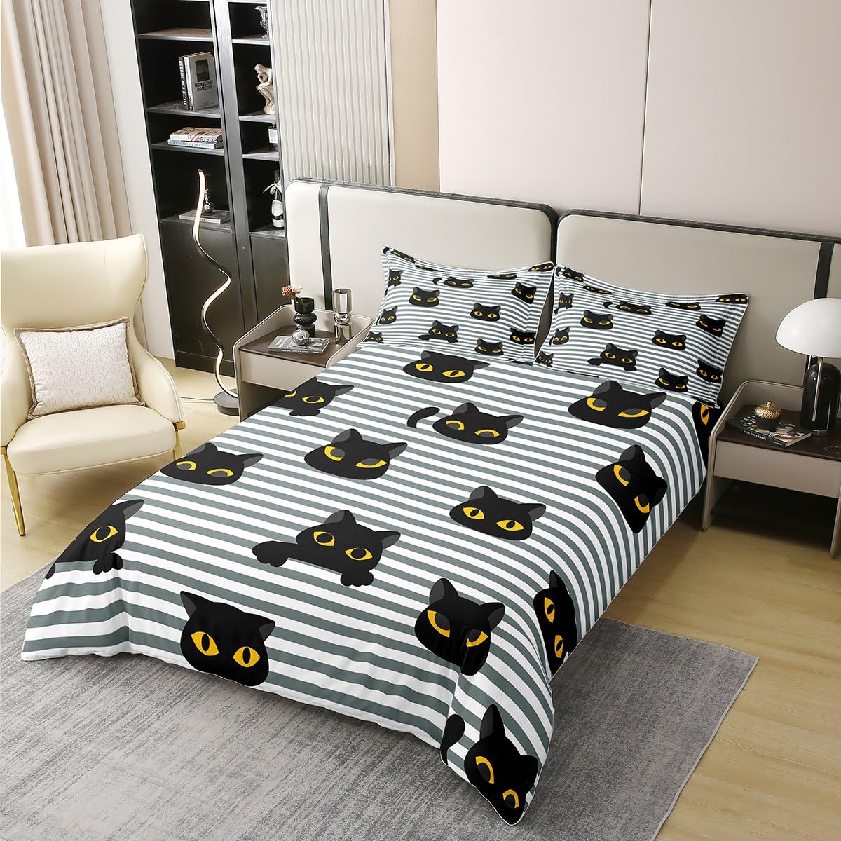 Loussiesd Kawaii Kätzchen Baumwolle Bettwäsche 135x200cm Cartoon Katze Betten Nette Linie Schöness Tier Bettbezug Colorfu Muster Weich Bettwäsche-Set Atmungsaktiv mit Reißverschluss