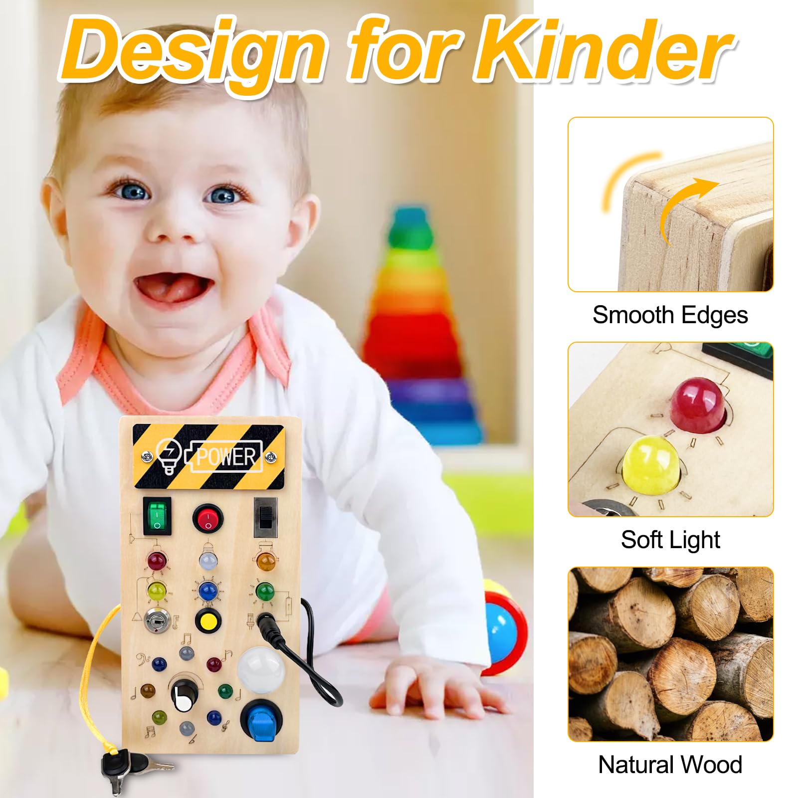 Busy Board Montessori Hukermoon - Lavagna Attività Con 8 Interruttori E 15 Luci LED Per Bambini 1-4 Anni